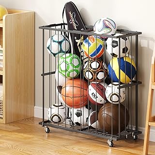Hencawima Large Garage Ball Storage, Rolling Floor Sports Equipment Organizer: Freestanding Ball Rack with Elastic Rope–, ...