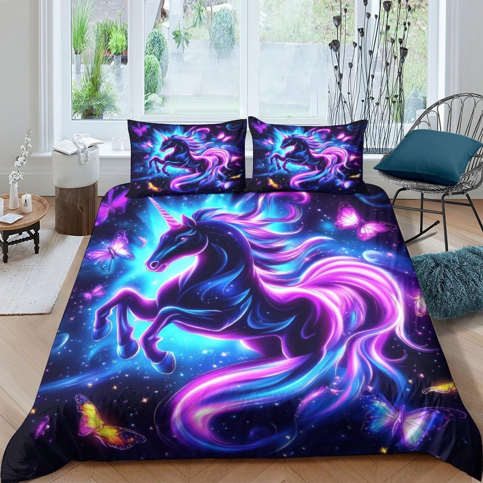 Ctjqhvkz Style-10 3D Printed Fantasy Unicorn Fitted Sheet Microfiber Soft Deep Blue Galaxy Mattress Cover For Bedroom Guest Room Dorm Decor Single（135X200cm）