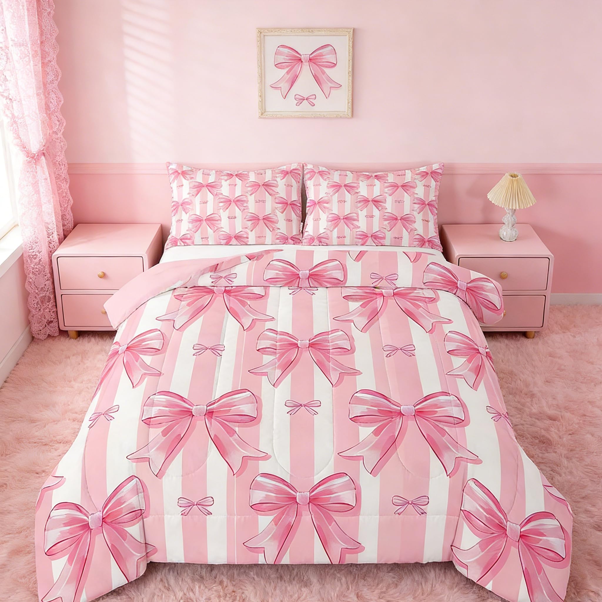 Feelyou Pink Bowknot Comforter Set,Dreamy Princess Bowknot Bedding Set Queen Size,Girls Bedroom Room Decor,Cute Bow Girly Comforter,Kawaii Geometric