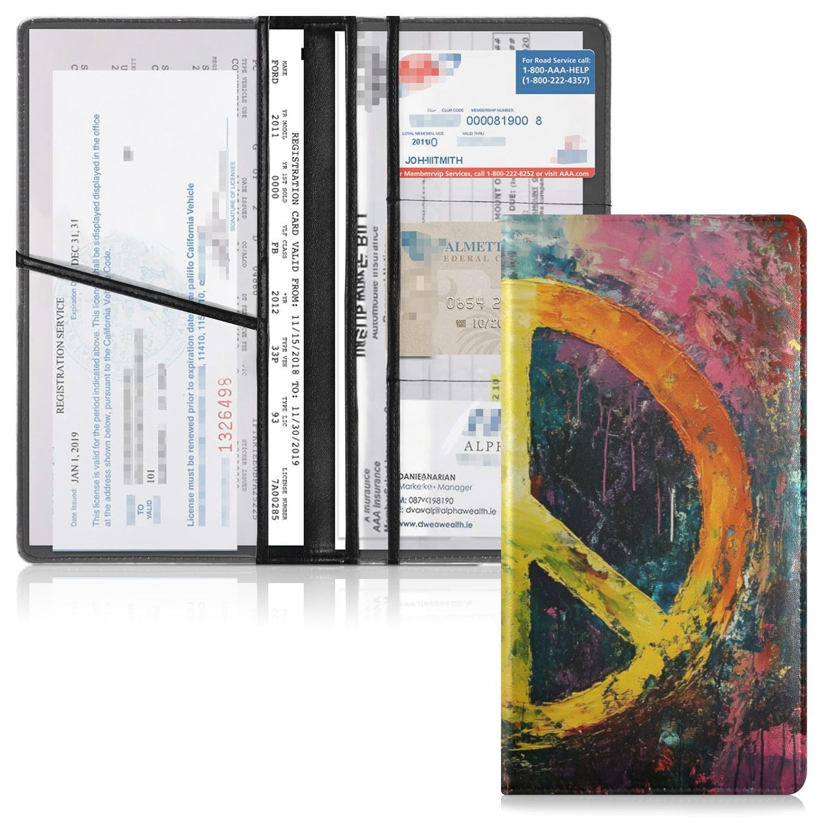 NFMILI Car Registration and Insurance Holder Peace Sign Colorful Print PU Leather Car Wallet Purse Glove Box Organizer Bifold for Documents License Cards 9.45×4.92 in