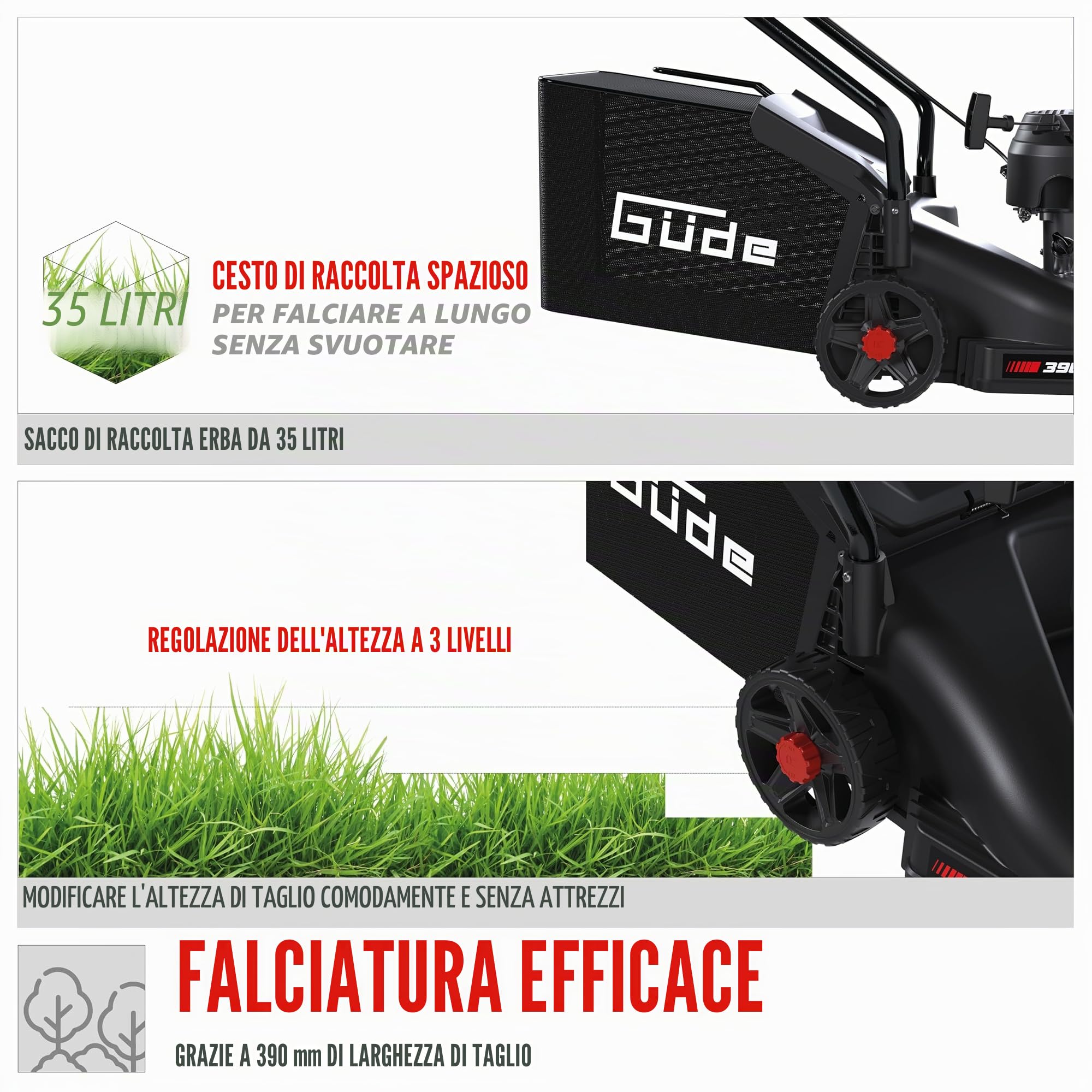 Güde Tosaerba ECO Wheeler 390 1,6 R (motore a benzina a 4 tempi 1,6/2 (kW/PS), larghezza di taglio 390 mm, dispositivo di cattura 35 l, regolazione 3 livelli di altezza di taglio 30-66 mm, falciatura,