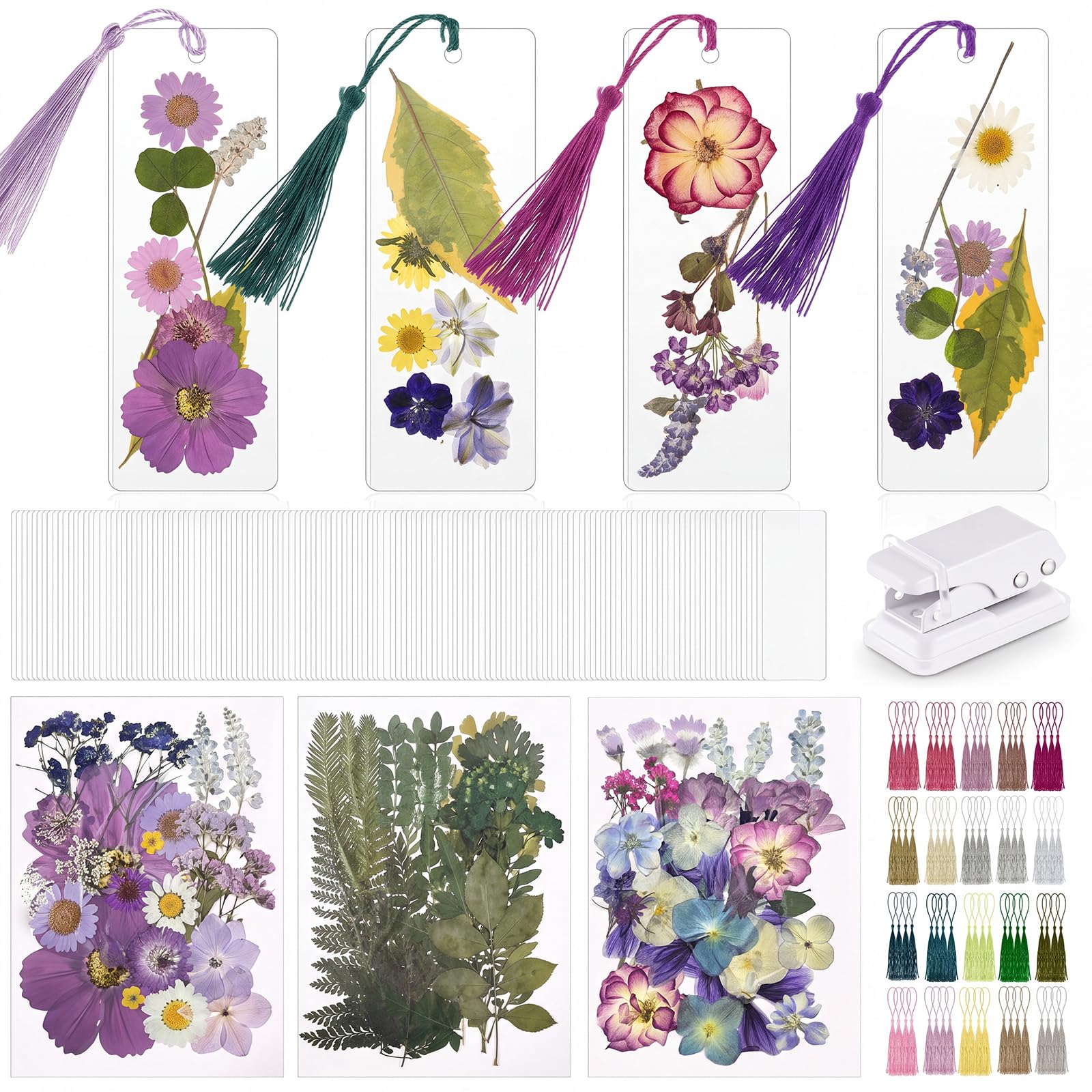 Fuyoooo Kit da 150 segnalibri con fiori secchi, 2 buste trasparenti per laminazione per segnalibro da 15 cm, per la festa della mamma, amanti dei libri (viola)