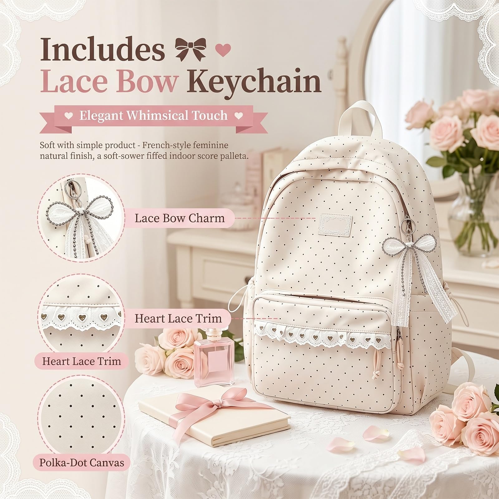 Zaino Da Donna In Nylon A Pois, Borsa Y2K Carino Per Laptop Libri, Zaino Da Viaggio Legero E Capiente, Borsa In Nylon Impermeabile Con Multi Scomparti, Zainos Casual Per Tutti I Giorni(Bianco)