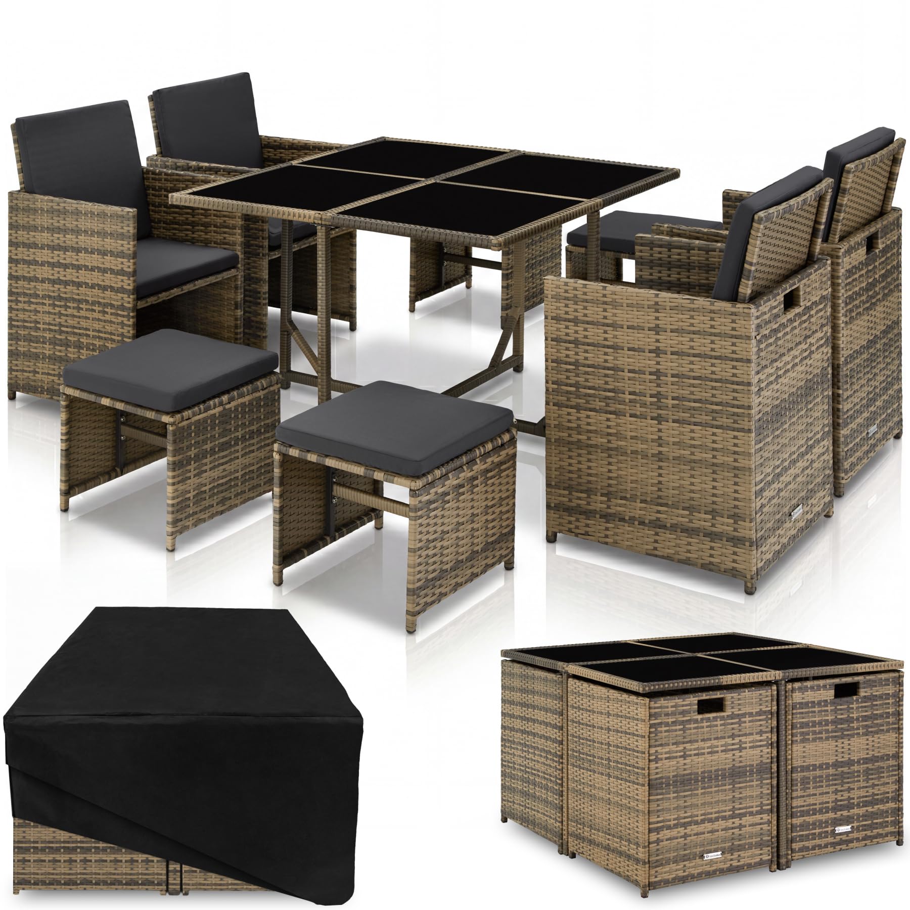 tectake® Conjunto Jardín Exterior de Ratán y Acero, Compacto y Agrupable en Cubo, Muebles Jardín Exterior Resistente a la Intemperie, para 4-8 Personas, Fundas Extraíbles y Funda Protectora - Natural