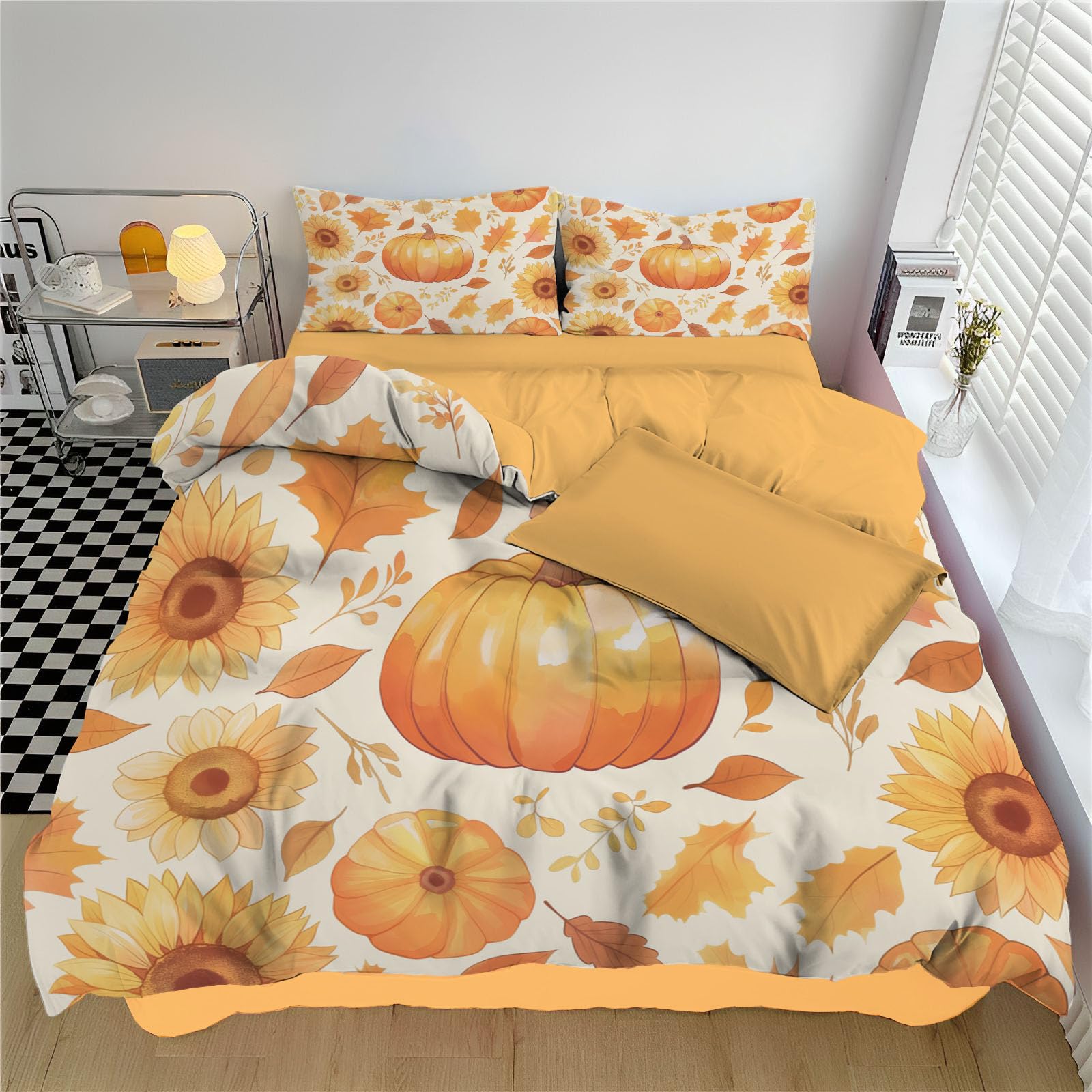 Parure de lit 220x240cm réversible aquarelle automne en microfibre douce avec housse de couette