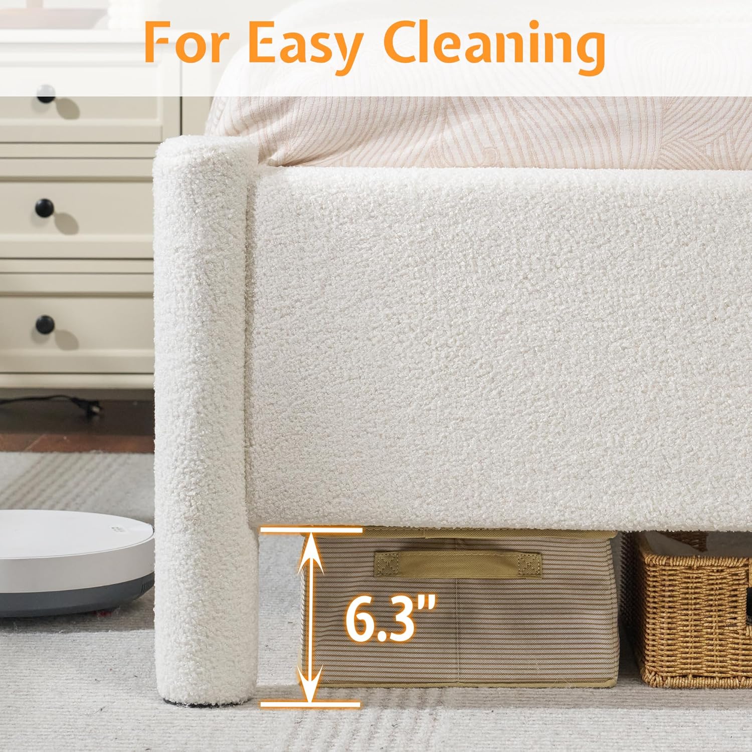 Jocisland King Size Upholstered Bed Frame with Boucle Chenille Fabric, Cloud-Inspired Headboard & Corner Design, Sturdy Platform Bed, No Box Spring Needed, White