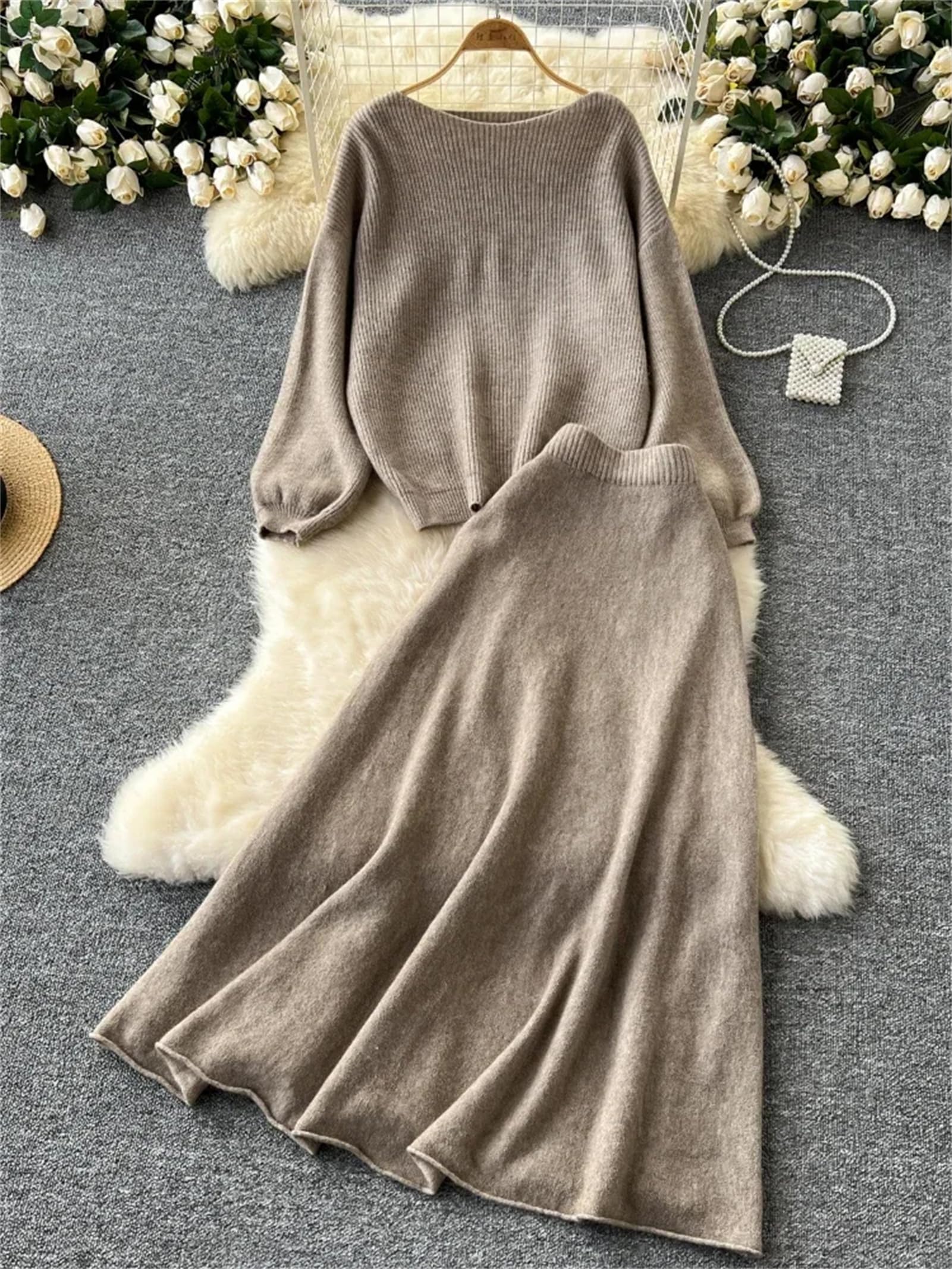 Maglione da donna 2 pezzi set inverno sciolto top + gonna elastica in vita da donna basic gonna abiti casual