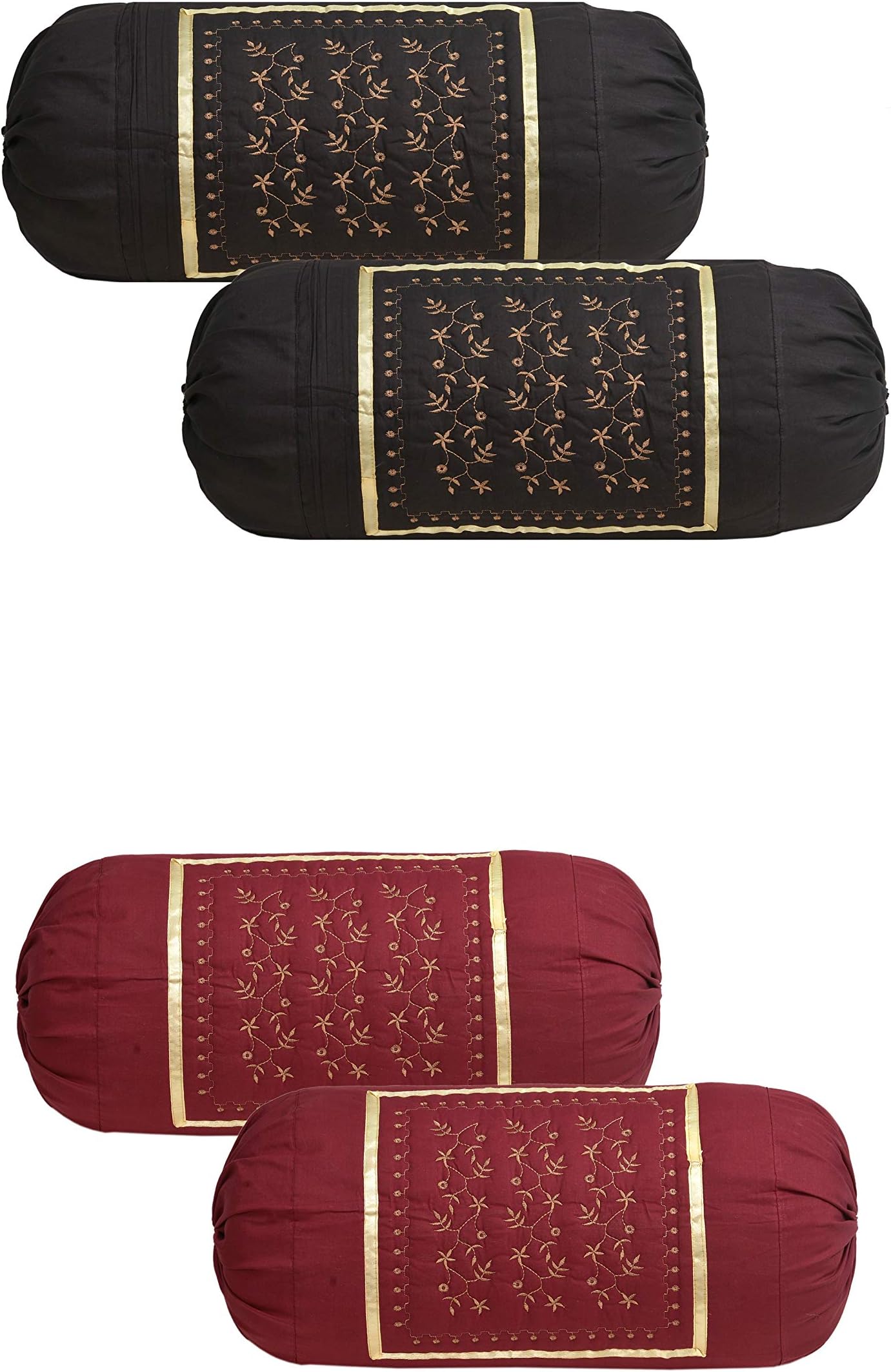 HSR Collection Cotton Bolster Round Side Pillow Covers (Pack of 4, Coffee & Maroon)