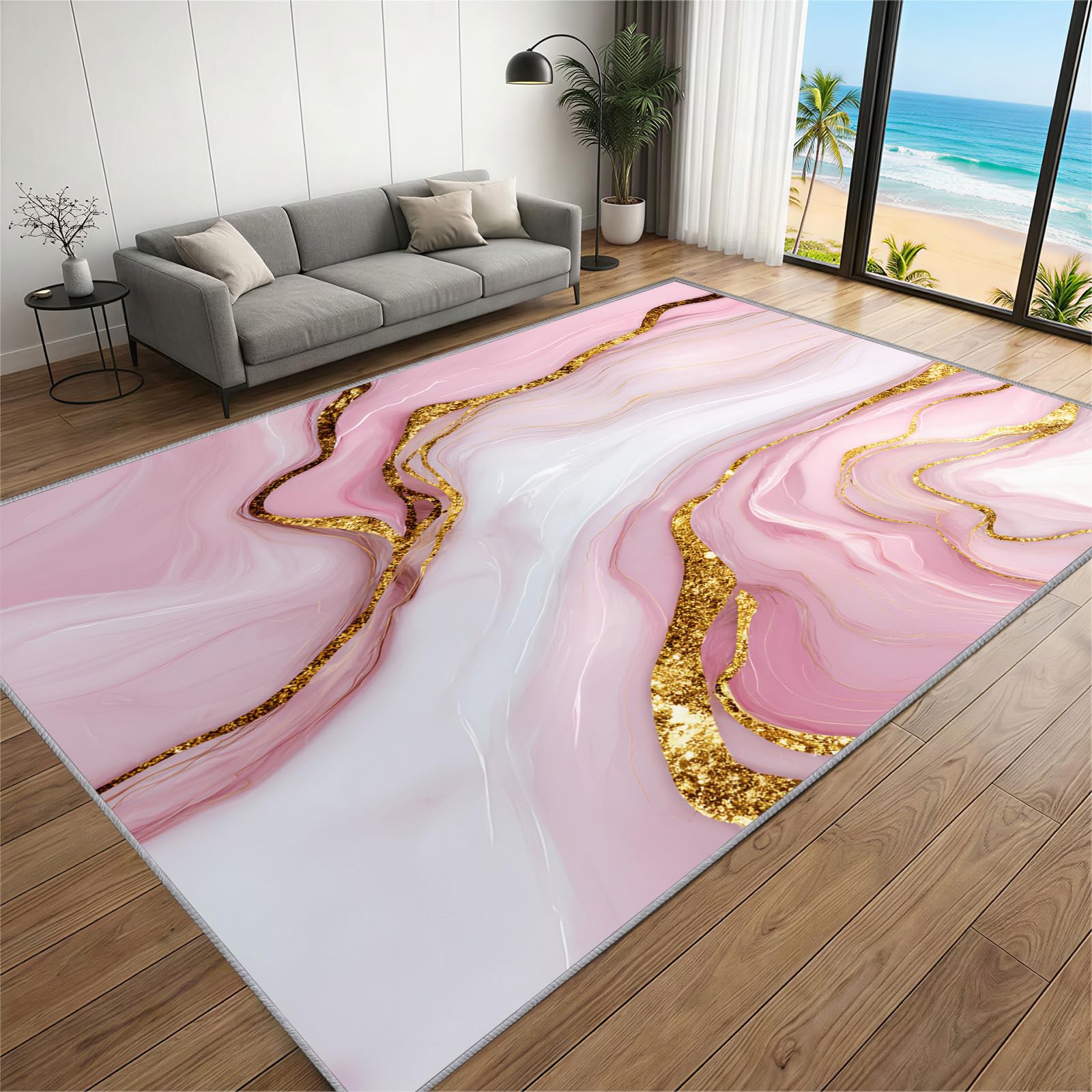BEQUTIY Marble Rugs 150 x 240 cm,Pink and Gold Textured Pattern Area Rug, Luxurious Marble Rug, Soft, Durable, Non-slip Carpet, Suitable for Bedrooms, Living Rooms, And Laundry Rooms