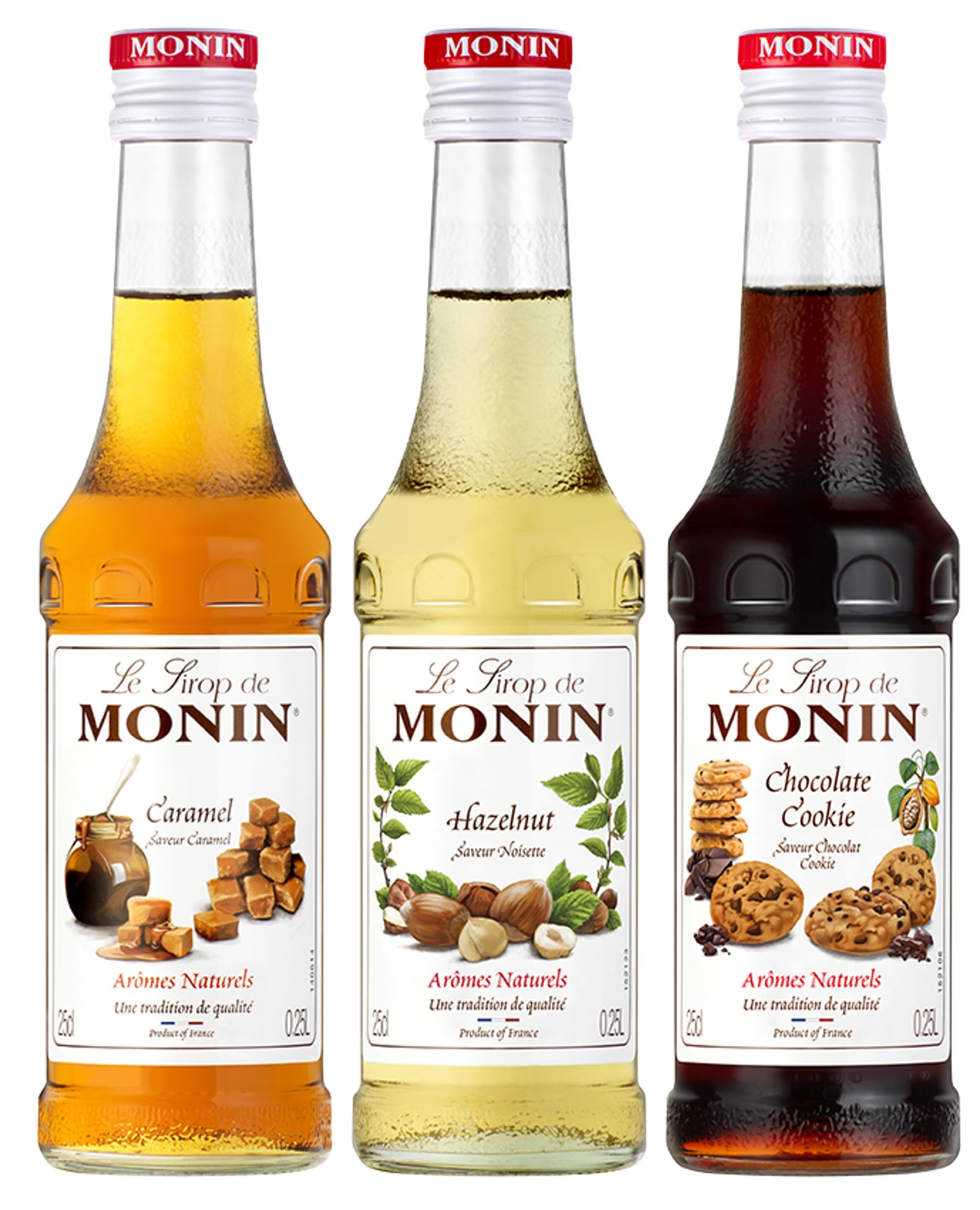 MONIN - Coffret Sirop MONIN Pour Café Saveurs Noisette/Caramel/Chocolat Cookie - Pour Café, Chocolat Chaud, Capuccino ou Latte - Arômes Naturels - Bouteille en Verre - 3 x 25 cl