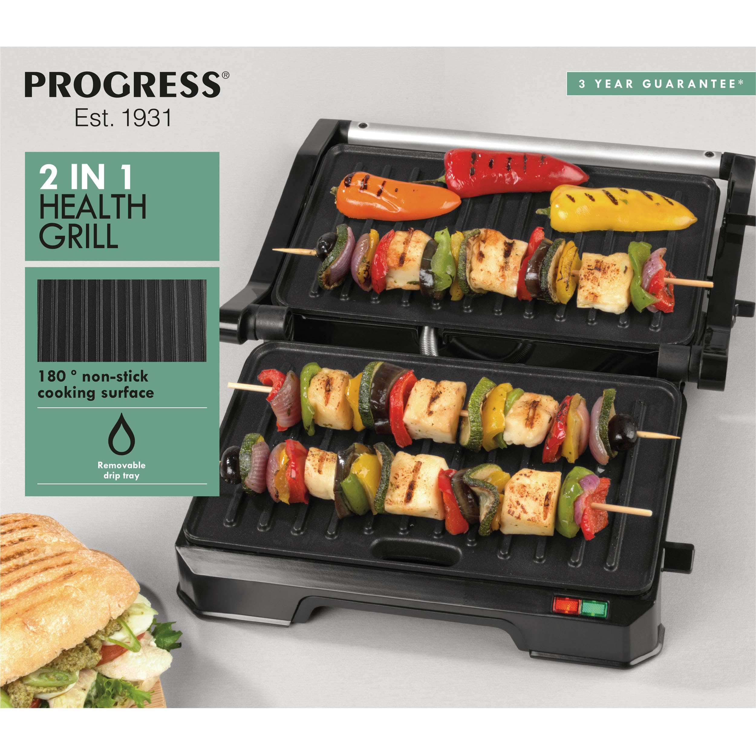 Progress EK5854P Grill elektryczny 2 w 1 – opiekacz do panini, nieprzywierajace plyty, dwie powierzchnie opiekania, bez oleju, wyjmowana tacka ociekowa, latwe czyszczenie, uchwyt Cool-Touch, 850 W