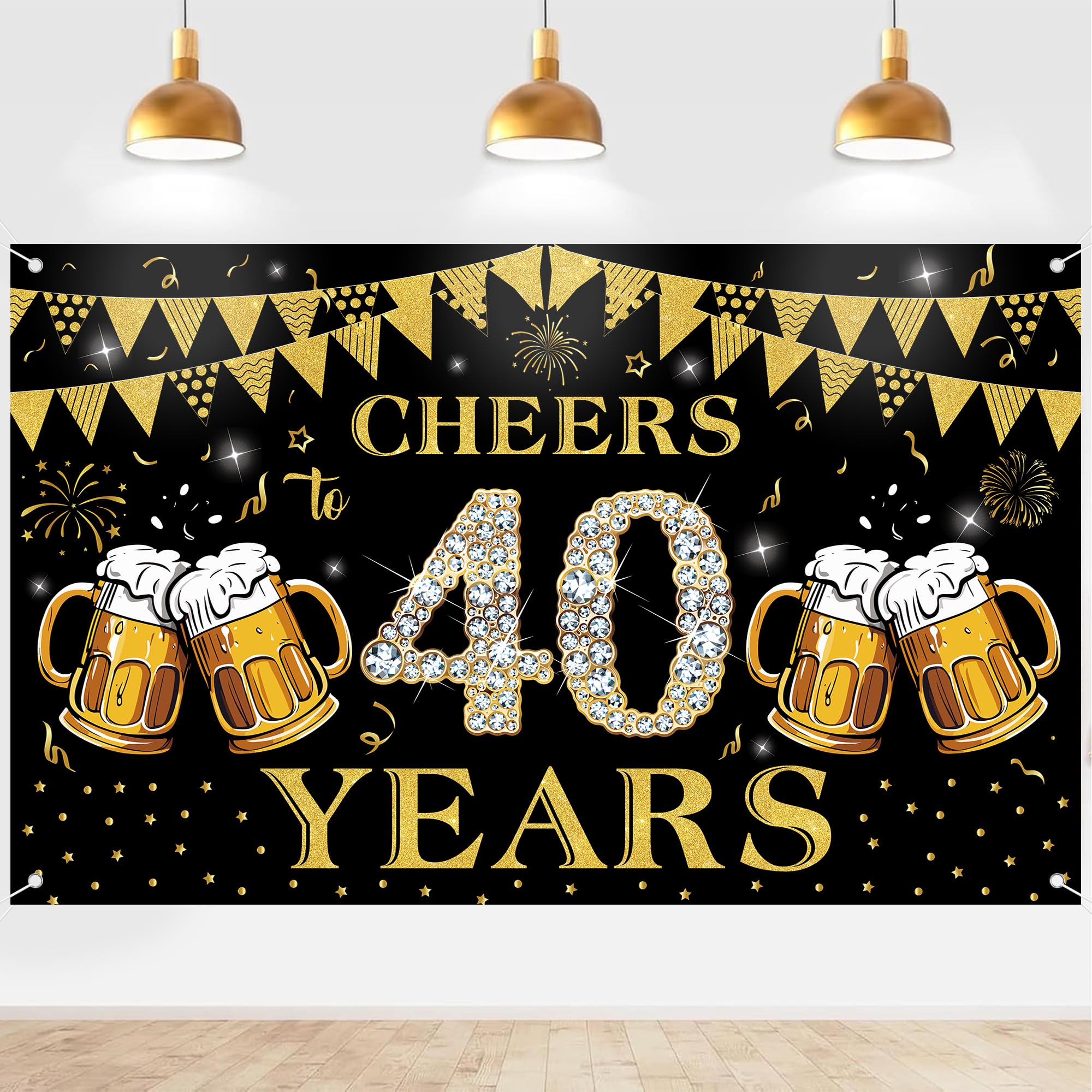 40th Birthday Decorations Backdrop Banner - 180 x 110 cm Black Gold Cheers 40 Years Banner Backdrop for Men and Women Happy 40 Year Old Party Decoration Supplies Indoor Outdoor Photo Booth Background