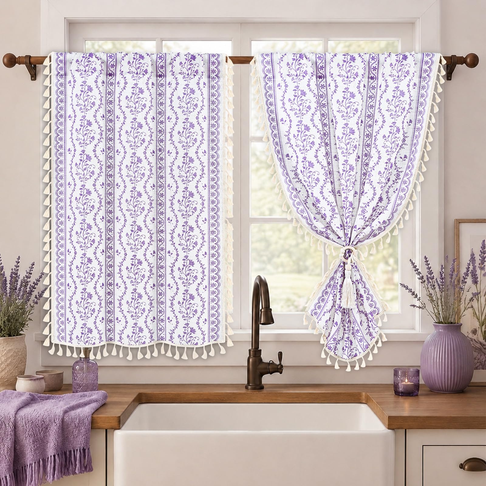 Yinhua Boho Kitchen Curtains 36 Inch Length Vintage Linen Cafe Curtains Light Filtering Bohemian Floral Tier Rod Pocket Farmhouse Rustic Tassel Small Drapes with Tiebacks, 2 Panels, White Purple