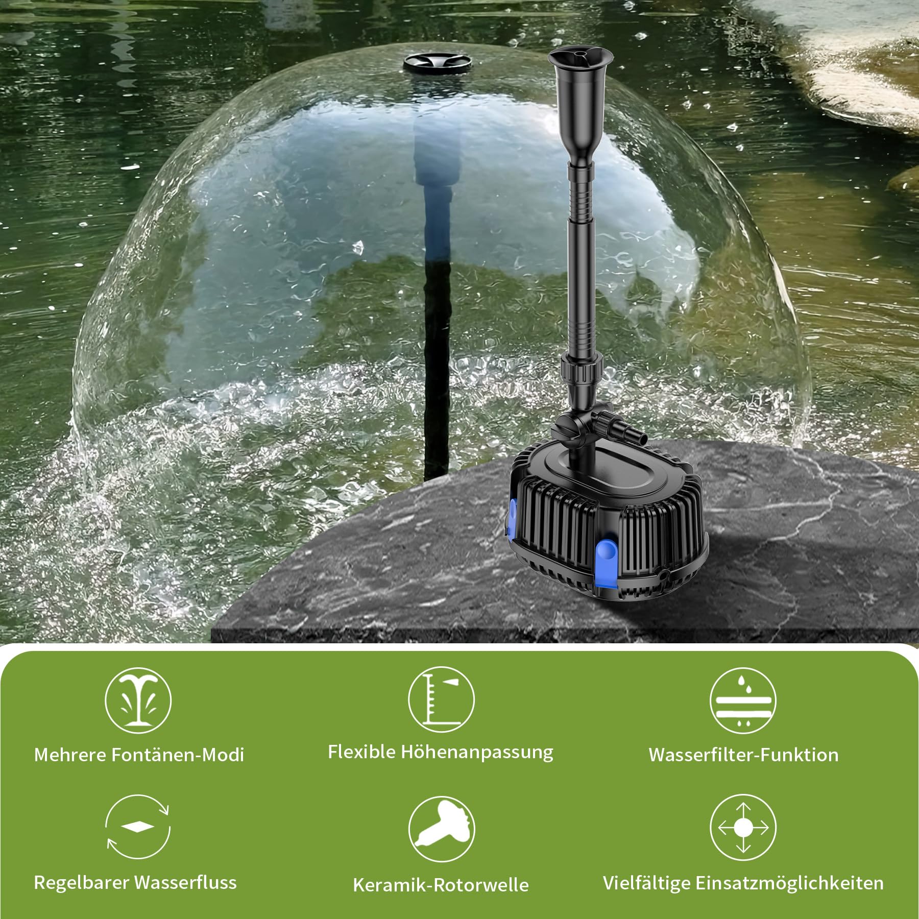 Forever Speed Pompa per Fontane Esterna 1000L/H 20W Multifunzione per Giardino e Laghetto