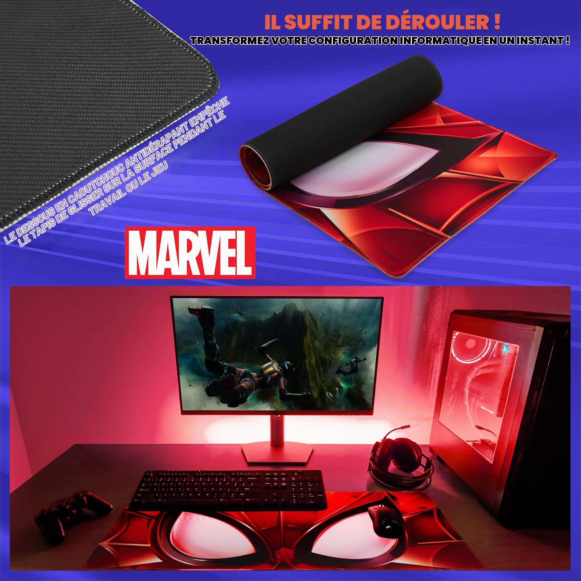 Marvel Tapis de Souris XL Dessous de Bureau Sous Main Mouse Pad 80x36 cm Accessoire de Bureau Avengers Spiderman Groot (Rouge Spiderman)
