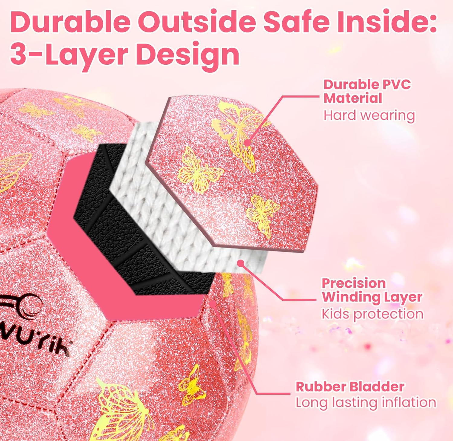 Soccer Ball Size 3 Purple Pink Glitter Butterfly Football for Kids Sparkle Gift for Boys Girls Toddlers Aged 3-8 Easter Birthday Present for Youth Kids Indoor Outdoor Practice - Image 4