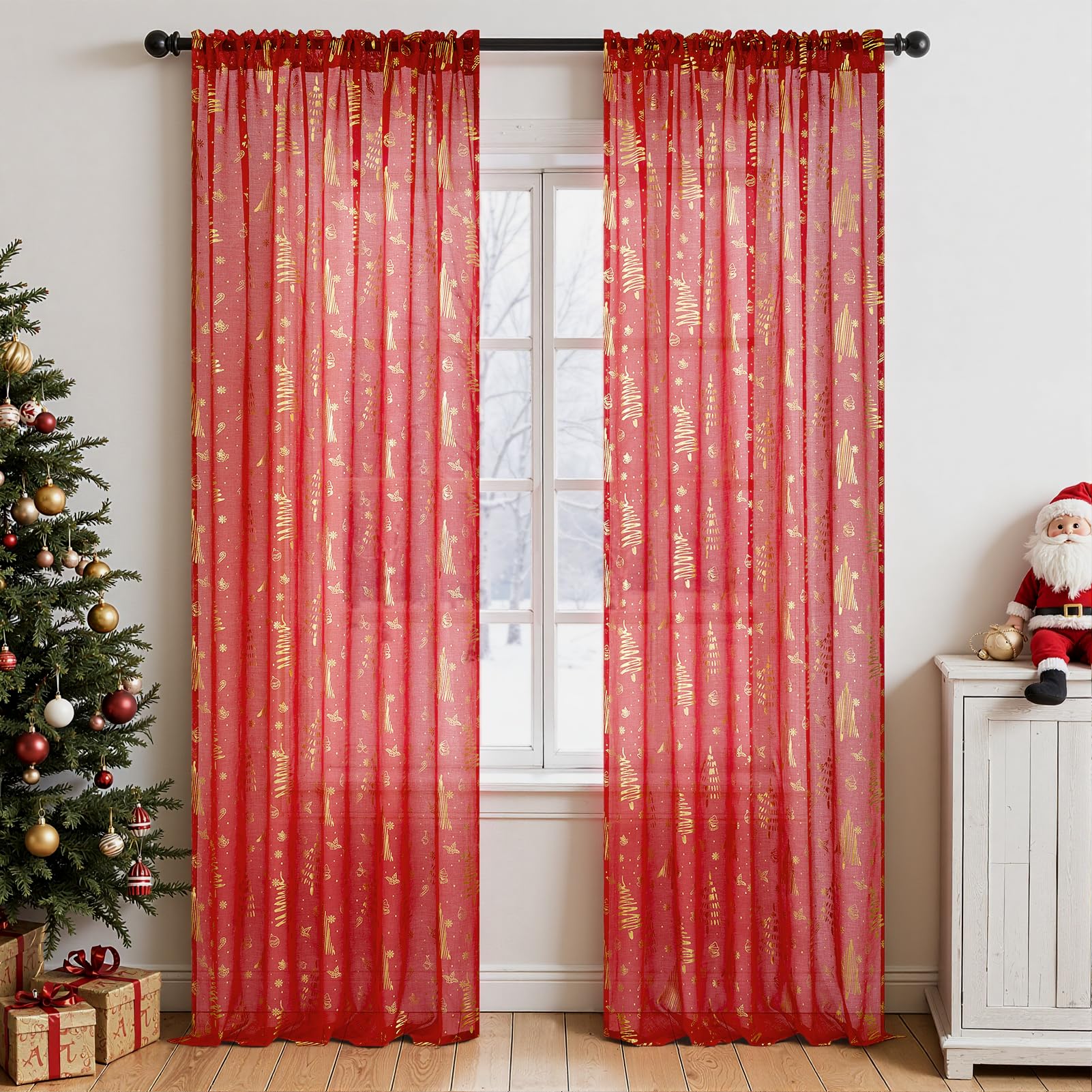 Topfinel Red Christmas Decorations for Home, Sheer Curtains 84 Inch Length for Kids/Living Room 2 Panels Set, Christmas Bells, Snowflake, Santa Claus,