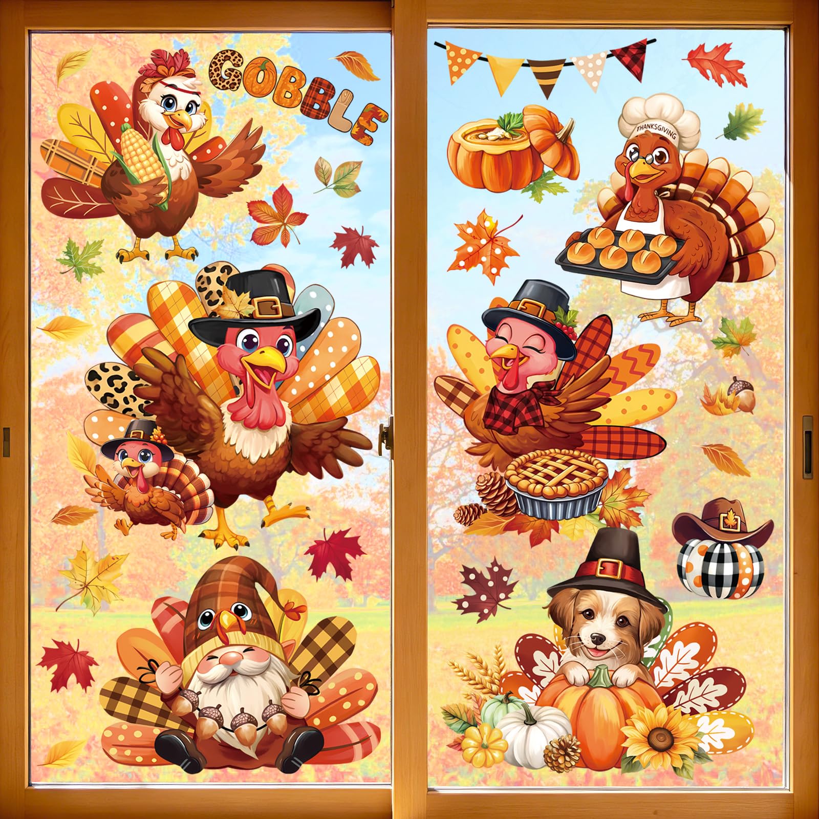 decalmile Window Clings Autumn Leaves Turkey Gnome Reusable Windows Decals