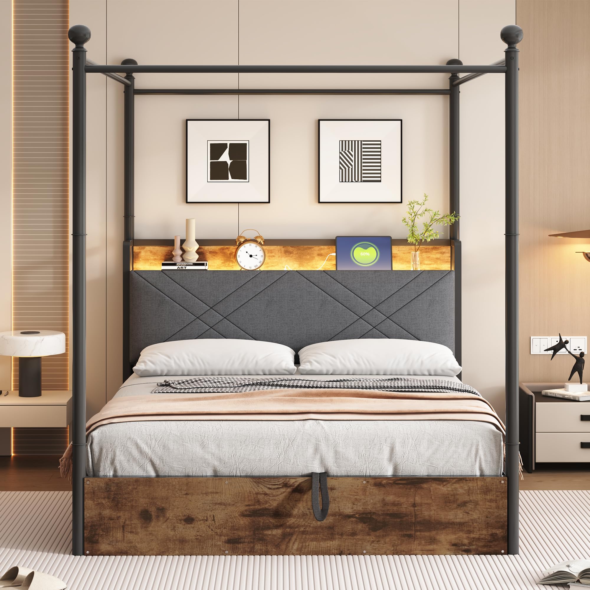 Multifunktionales Bett,mit Stauraum und schmiedeeisernem Baldachin,mit abnehmbaren Bettpfosten mit LED und USB-/Typ-C-Ladeanschlüssen,Eiseneinzelbett. (schwarz mit Hydraulisch Bettstauraum, 140*190cm)