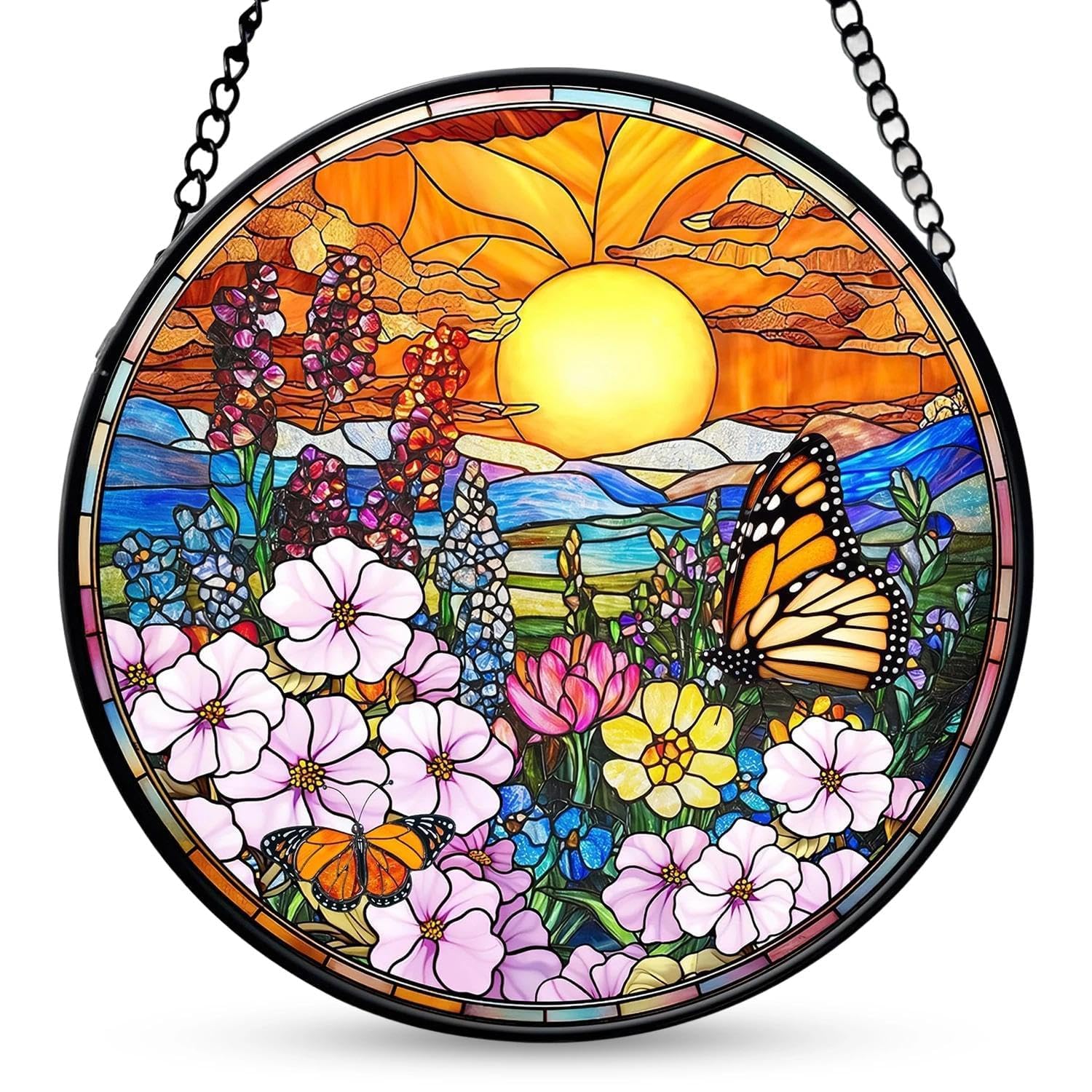 Butterfly Suncatcher for Windows, 8 Inch Acrylic Garden Decor with Butterfly and Flower Design, No Punched, Chains Pre-Installed on the Frame, Energetic Window Hanging for Home Decor for All Season