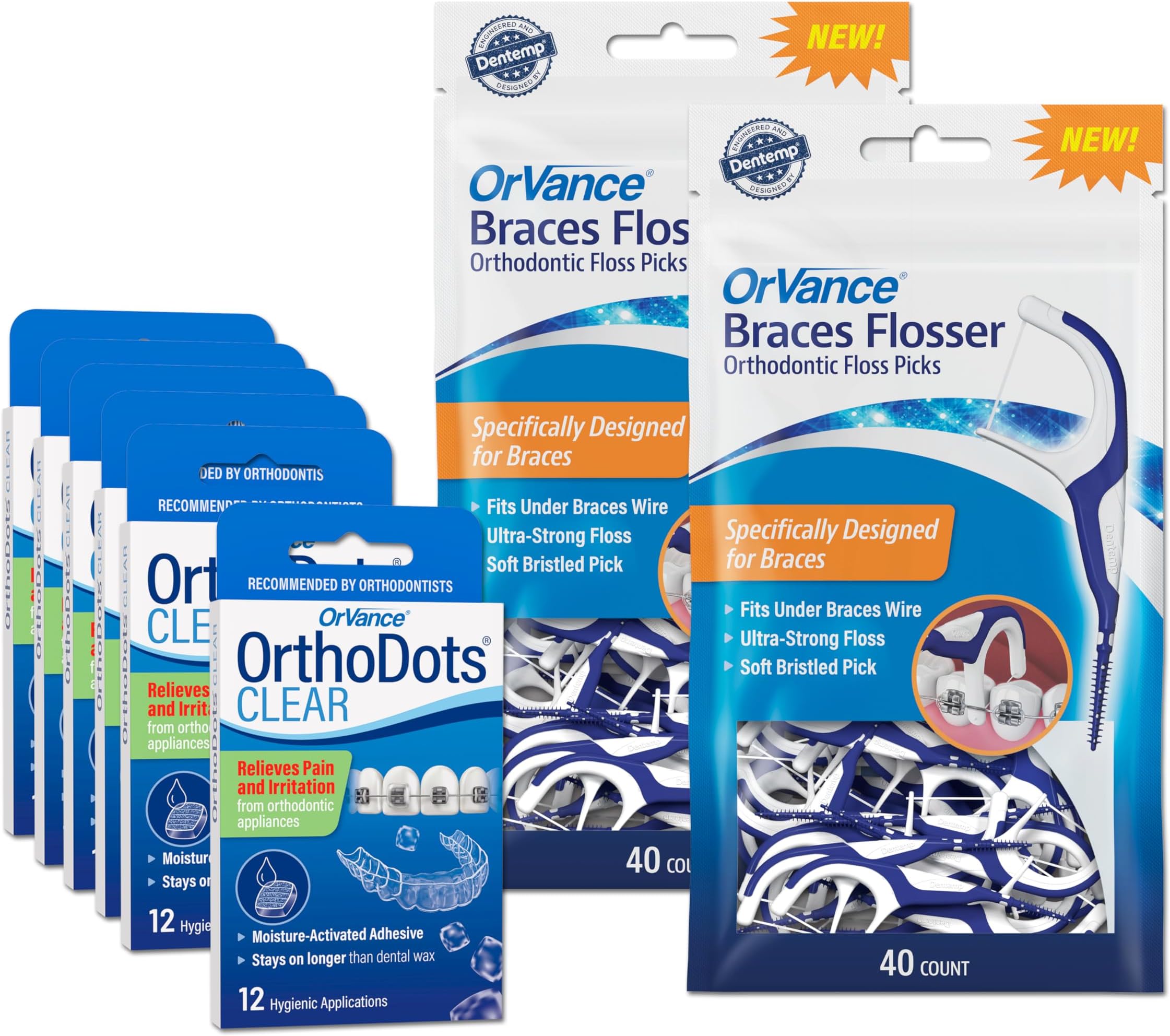 OrthoDots CLEAR 6 Pack & Braces Flosser 2 Pack – Clean and Protect Your Orthodontics