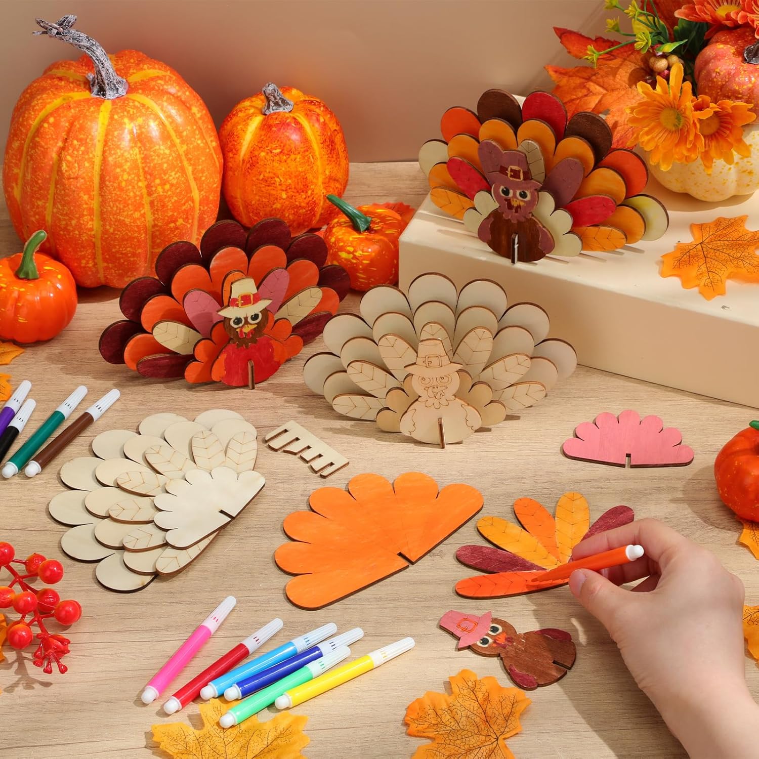 Blueweenly 12 Set Thanksgiving Turkey Painting Craft Kits for Kids, Art Wooden Painting Sets for Thanksgiving Party Favors DIY Turkey Supplies with Markers Birthday Supplies Make Your Own Craft Kits
