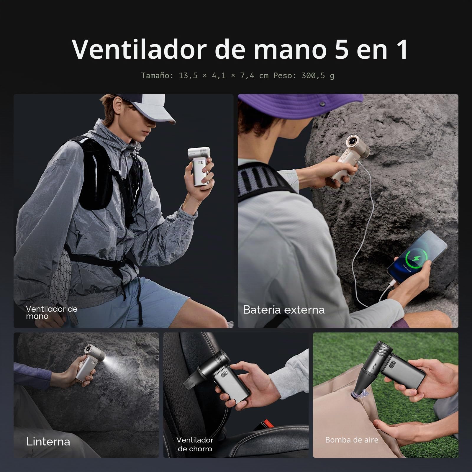 JISULIFE Ventilador portátil de mano 5 en 1, 100 velocidades, batería recargable de 9000mAh con máximo de 25 horas, mini ventilador de 18W, banco de energía con función de linterna, motor ultra