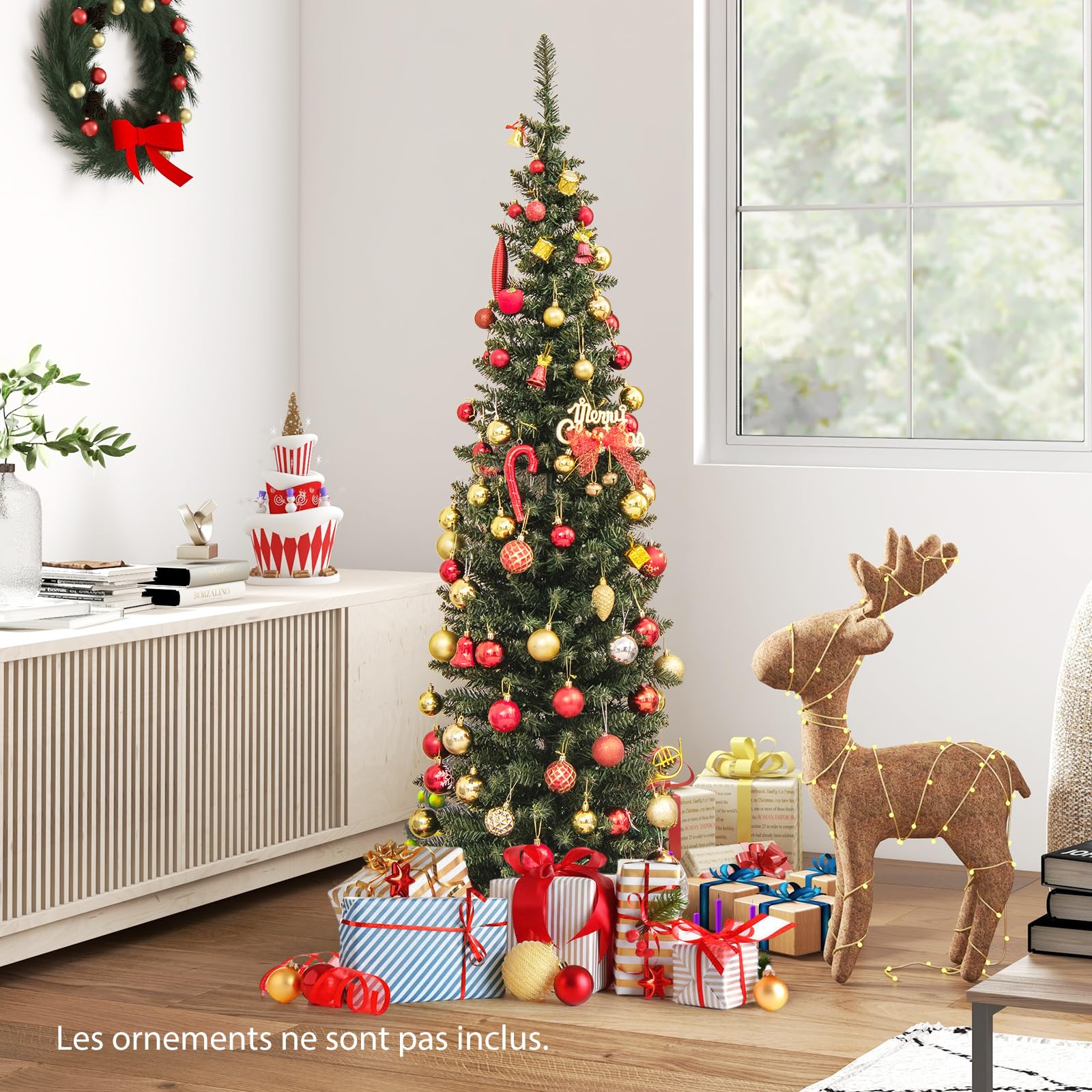 COSTWAY Sapin de Noël Artificiel de 180 cm Lumineux LED, 390 Branches, 180 lumières LED Blanc Chaud, Support en métal Pliable, décoration hivernale, pour la Maison, Le Bureau