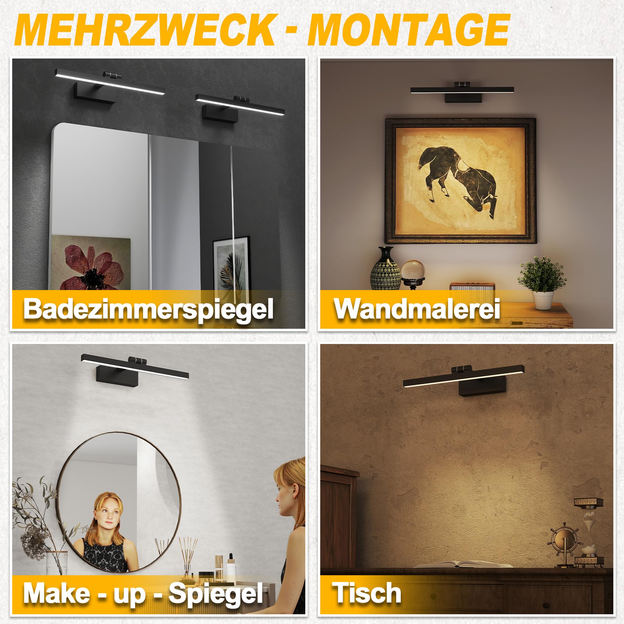 UISEBRT 10W 40cm LED Spiegellampe Badezimmer, Leuchtstoffröhre 180° Verstellbar, Schwarz Badezimmer Lampe Modern IP44 Schrankleuchte für Wandbeleuchtung und Spiegel Beleuchtung, Typ A Kaltweiß
