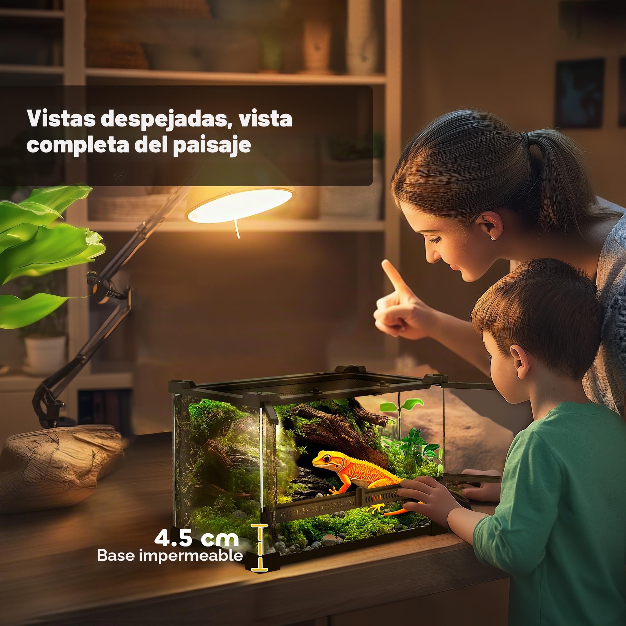 PawHut Terrario de vidrio para reptiles, vivero de reptiles con fondo de piedra, ventilación frontal, cerradura de botón a prueba de fugas, recinto de vidrio para lagartos, ranas con cuernos