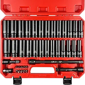 1/2" Drive Impact Socket Set, SAE and Metric, Cr-V Steel, 6 Point Deep & Shallow Sockets (40pcs 1/2" Socket Set)