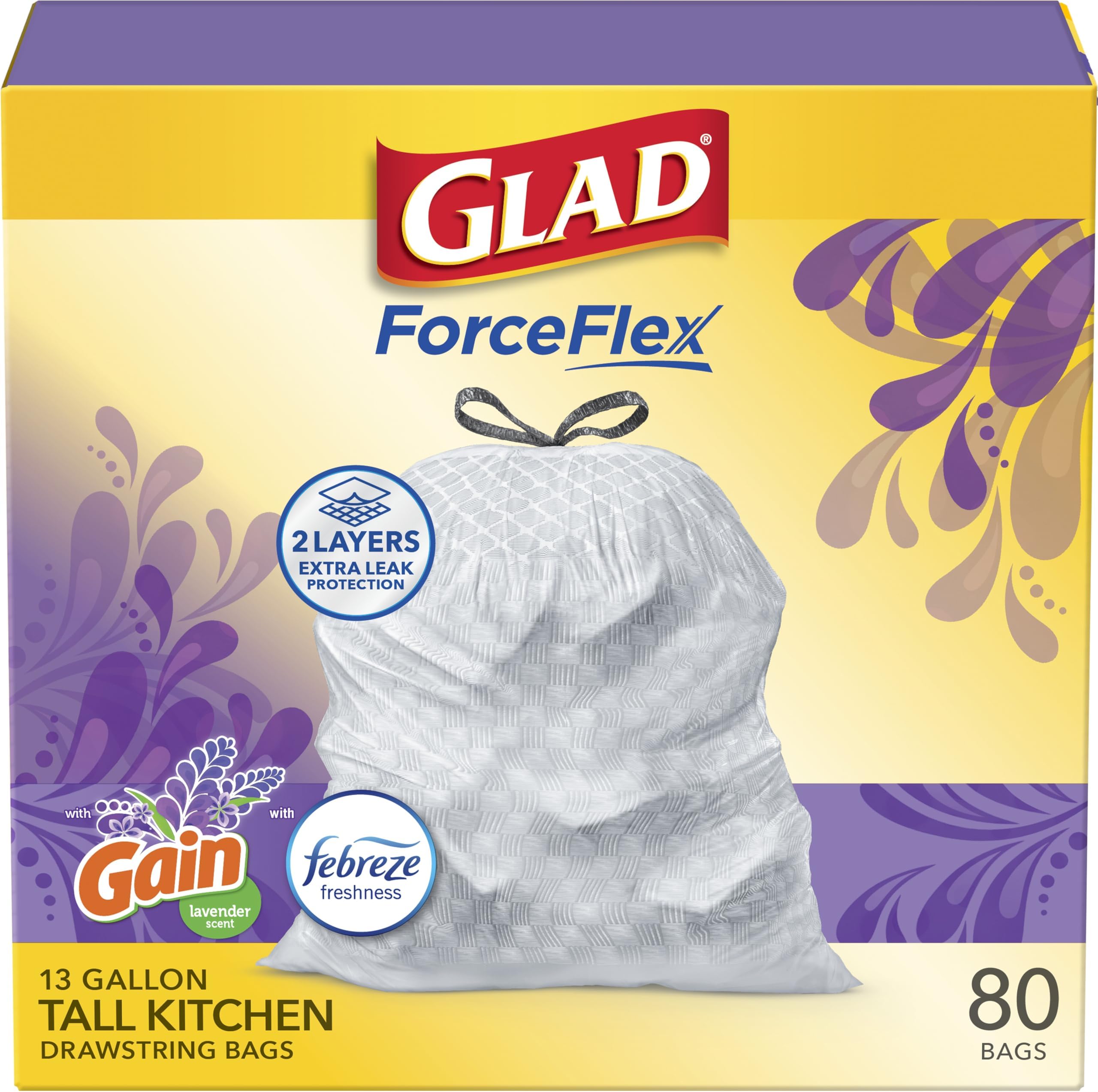 ForceFlex Tall Kitchen Trash Bags, 13 Gallon, Gain Lavender, 80 Count (Package May Vary)