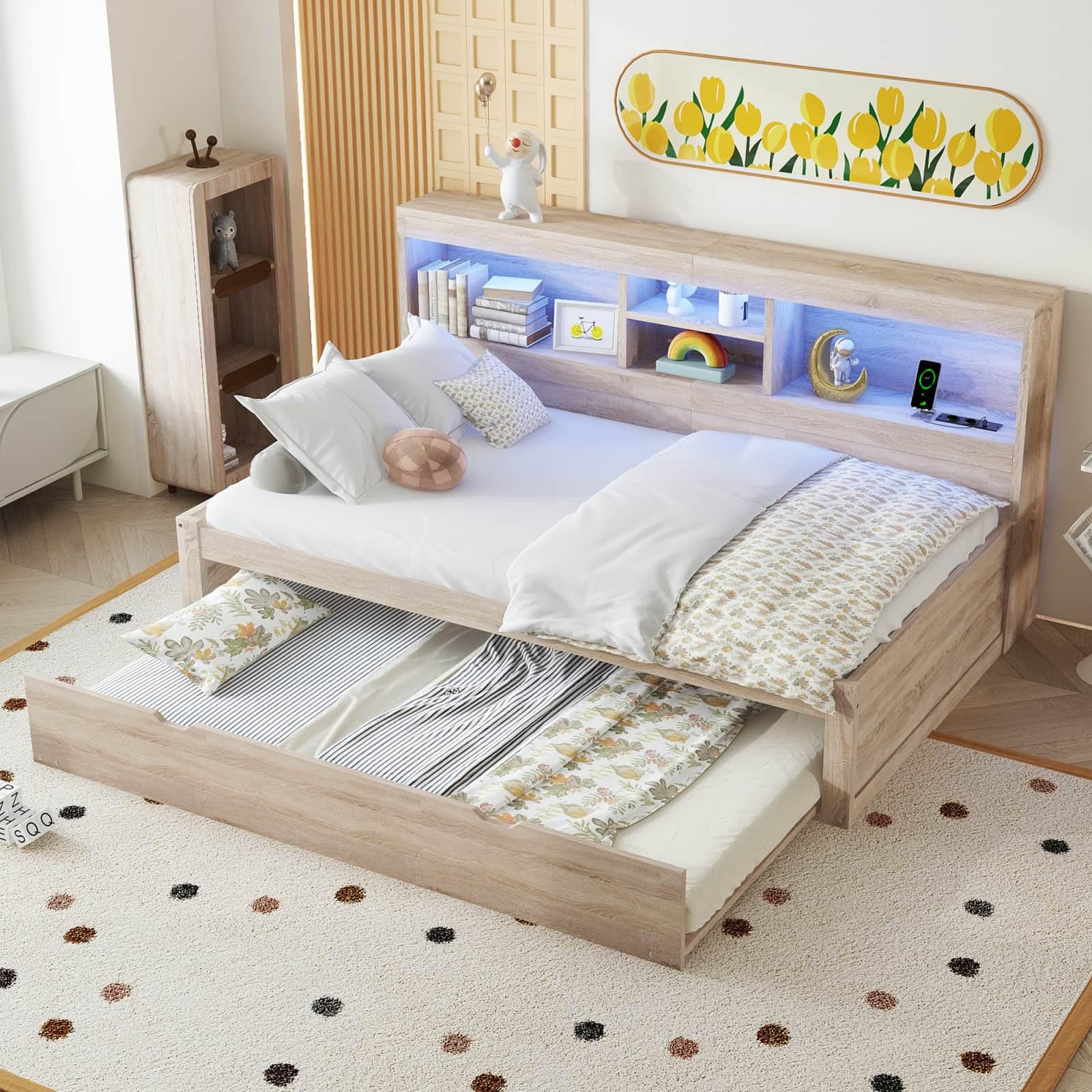 PUGSDRLY Canapé Lit 90x200cm avec lit gigogne 90x190cm,Canape lit 1 Places avec LED,USB et Prise électrique,Compartiment de Rangement Côté,sans Matelas (Nature, 90x200)