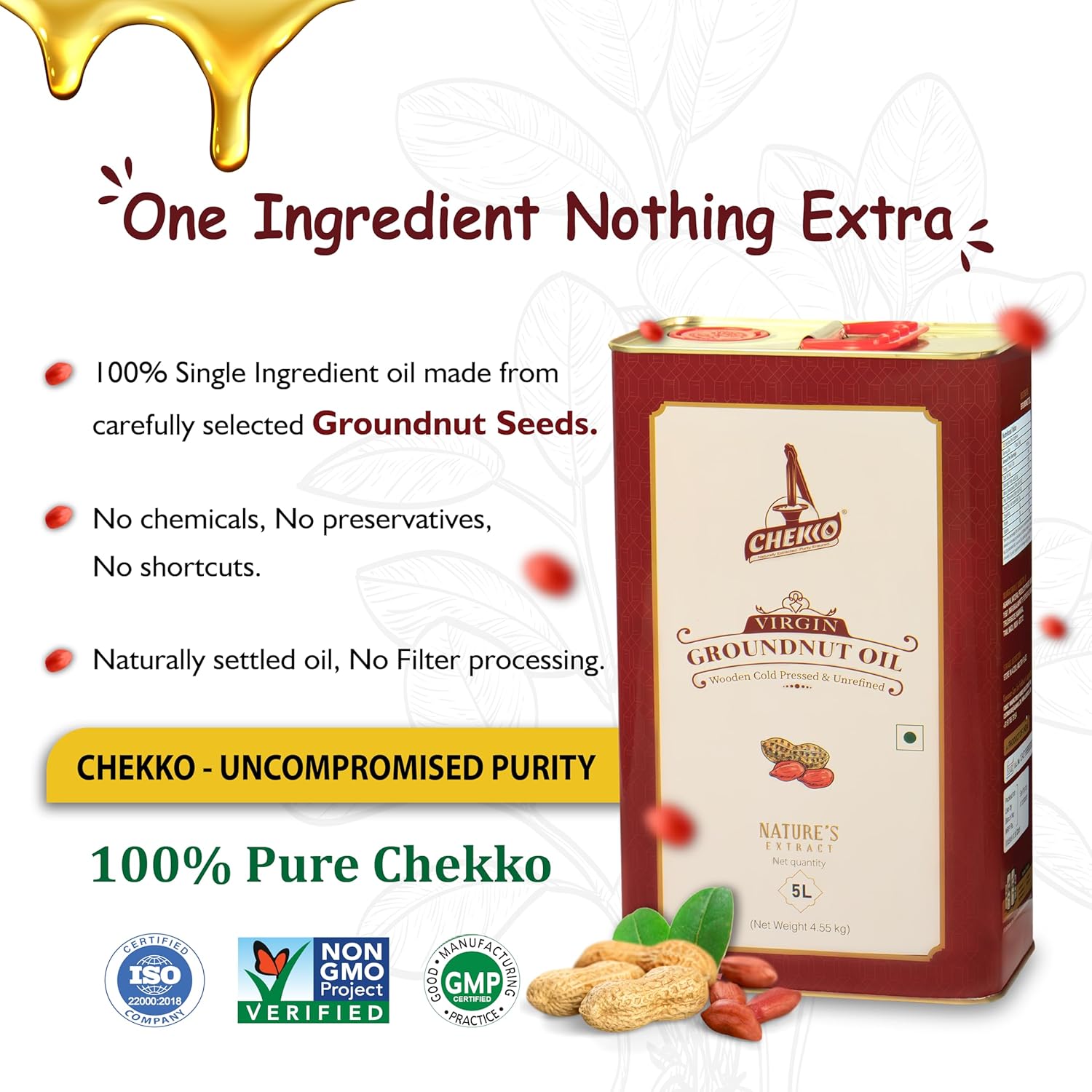 Chekko Cold Pressed Peanut Oil (Groundnut Oil) - 5 Liter (169 Fl Oz) - Unrefined, Wood Pressed for Deep Frying & Cooking - Non-GMO, Pure Natural