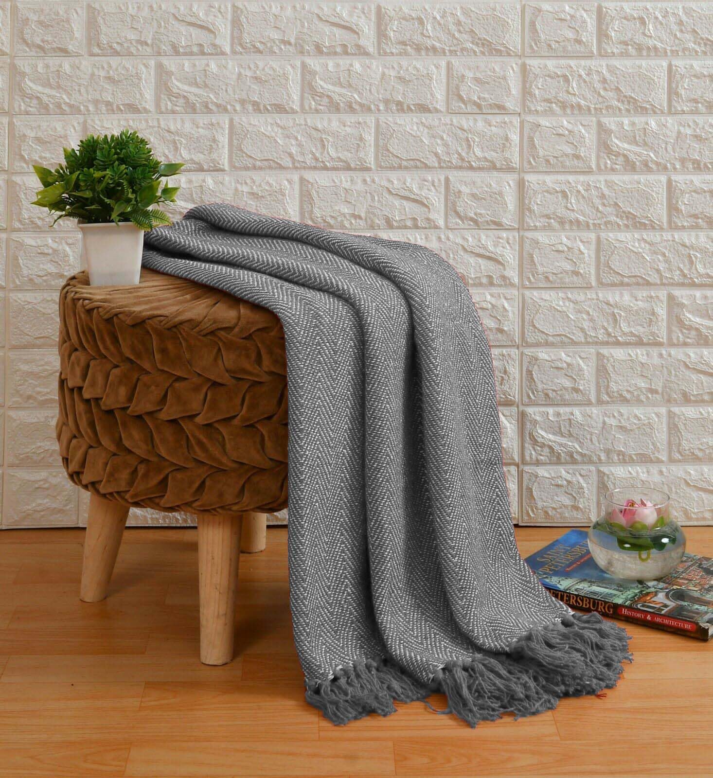 Herringbone Throw for Sofa and Bed - Large & Extra Large Sofa Throw Blanket - Settee, Bed, 3 Seater, and Armchair Cotton Throw (King 259cm x 259cm (102"x102") (Silver)