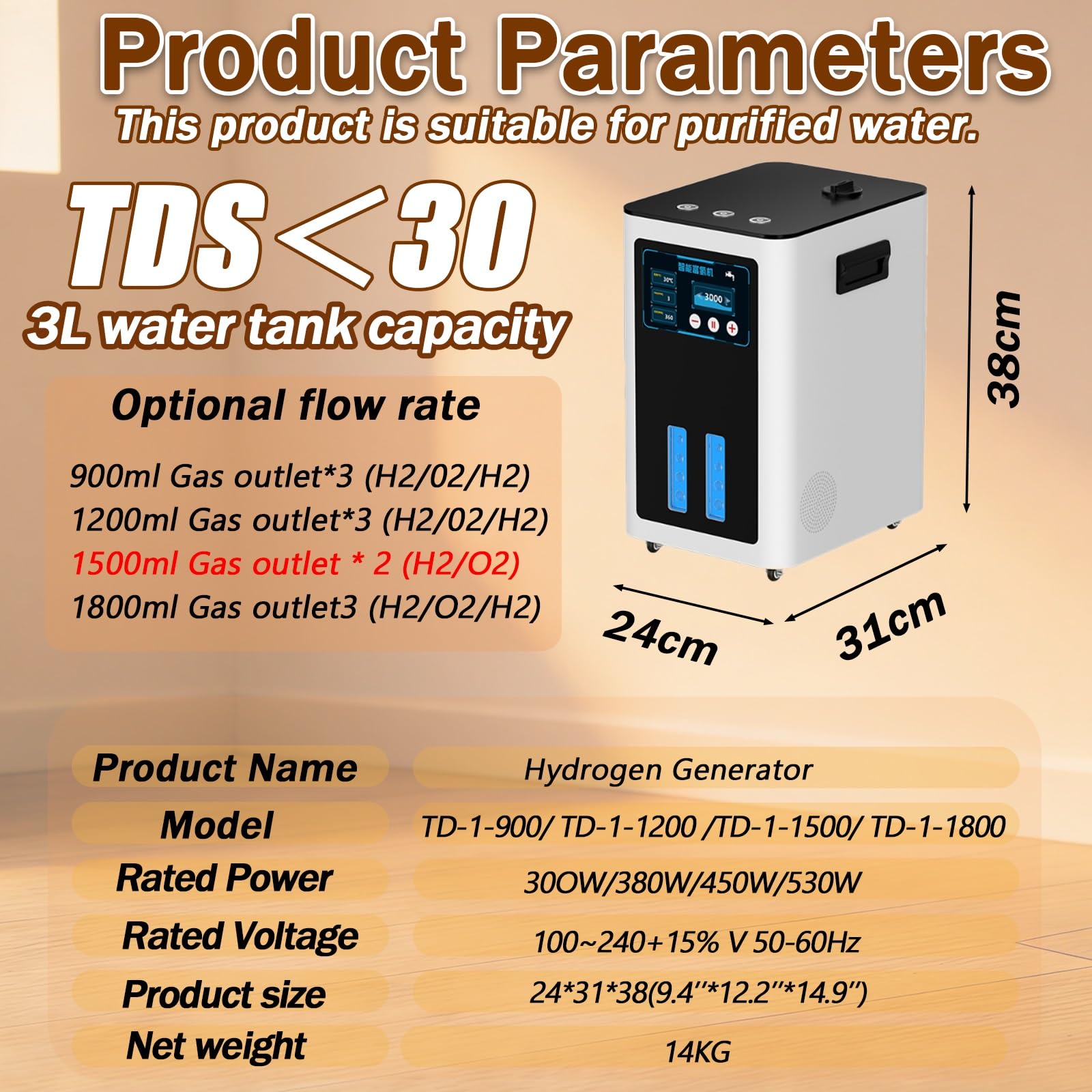 Inhalator Wodorowy O Wydajności 900–1800 Ml/Min, Inhalator Wodorowy Automatycznym Spustem Wody Technologią SPE/PEM Czystości 99,99% Bezproblemową Obsługę Domu(1800ML)