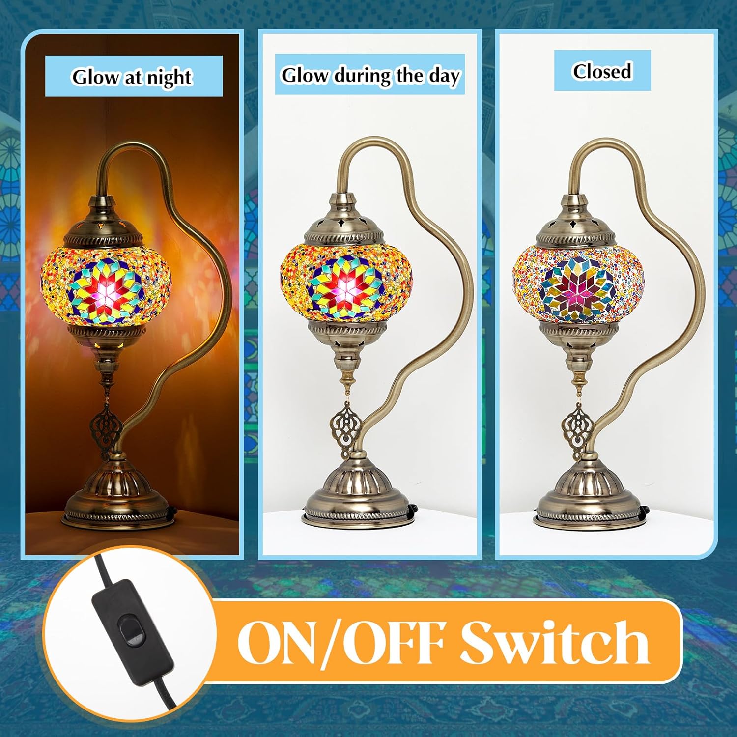Baquler Turkish Moroccan Table Lamp Handmade Glass Swan Neck Bedside Lamp Bohemian Moroccan Decorative Night Light for Bedroom, Office, Living Room, Gift(Cute Style)