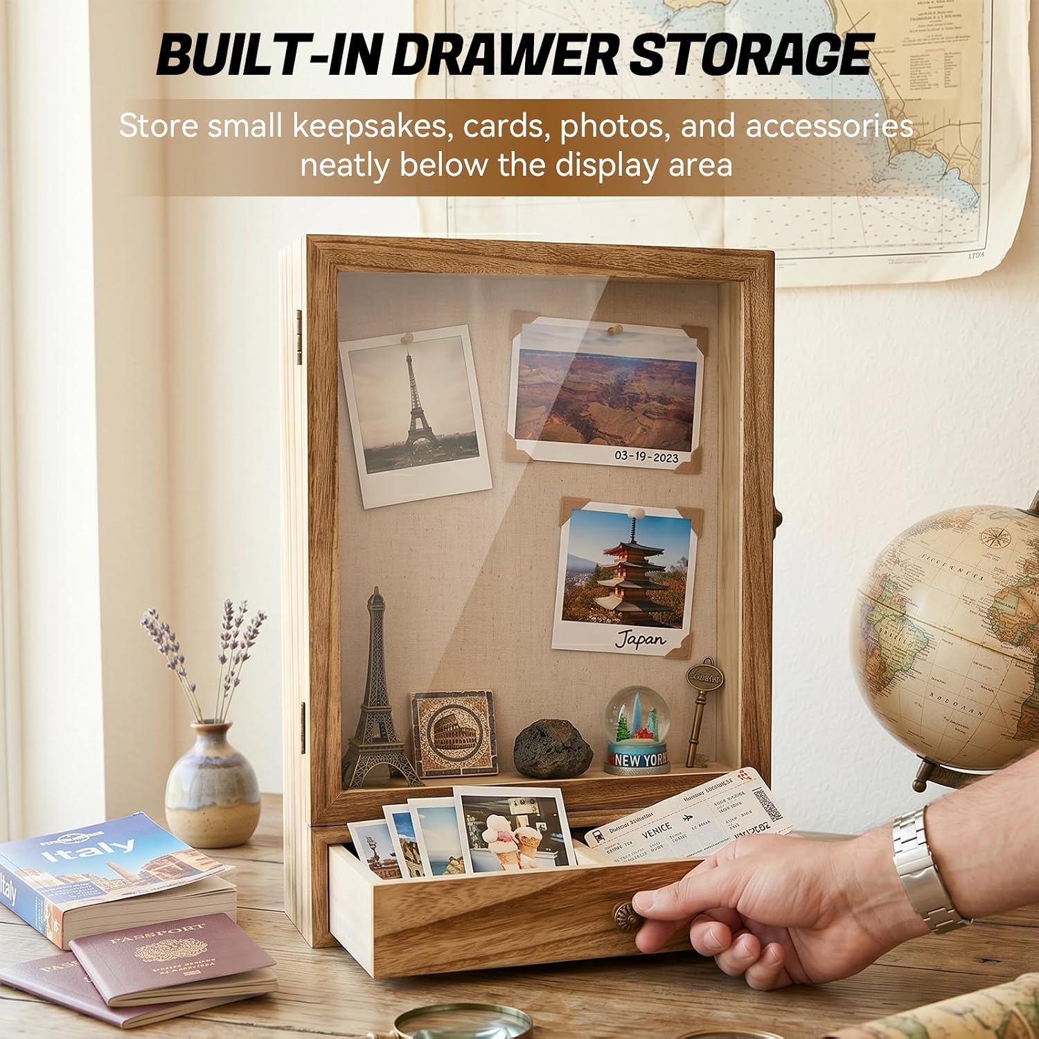 Shadow Box Display Case with Drawer, Clear Acrylic Front, 16 x 11 in | Deep Frame Design | Front Acrylic Window | Wooden Build | For Keepsakes & Photos