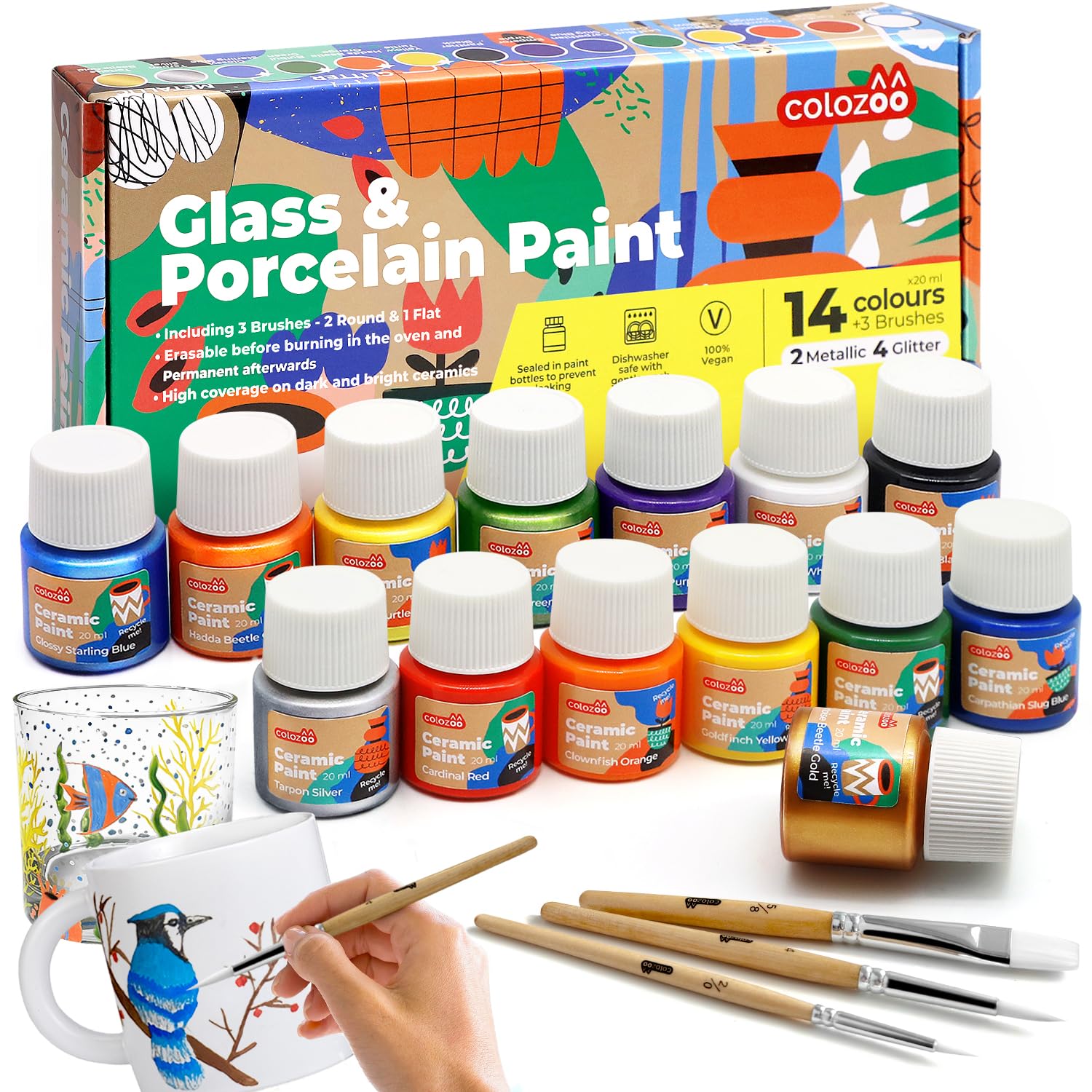 colozoo Glass and Porcelain Paint Dishwasher Safe 14 x 20 ml Colour Including Gold, Silver, 4 Glitter Colours and 3 Brushes Ceramic Painting Set Erasable Before Baking and then Waterproof-image-15