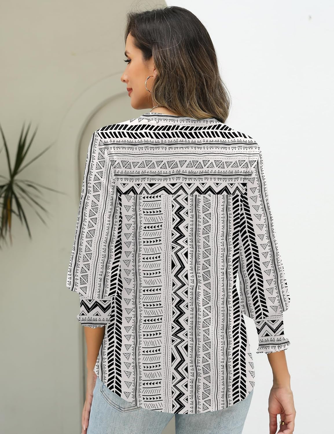 AKEWEI 3/4 Length Sleeve Womens Tops Summer Fashion V Neck Business Casual Blouses Smocked Shirts - Image 3