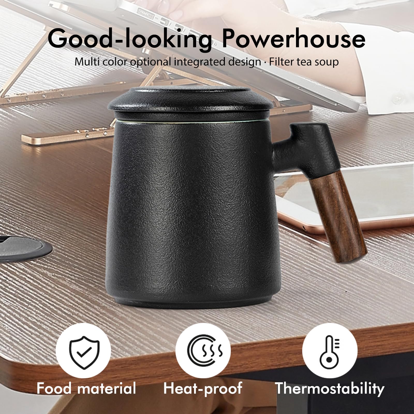 Teetasse mit Deckel und Sieb, 400 ml Holzgriff Teebecher, Matte Keramik Teetassen mit Teesieb und Deckel, Teetasse mit Teesieb für Teeliebhaber, Handgesprühte Schwarze Glasur für Tee Geschenke