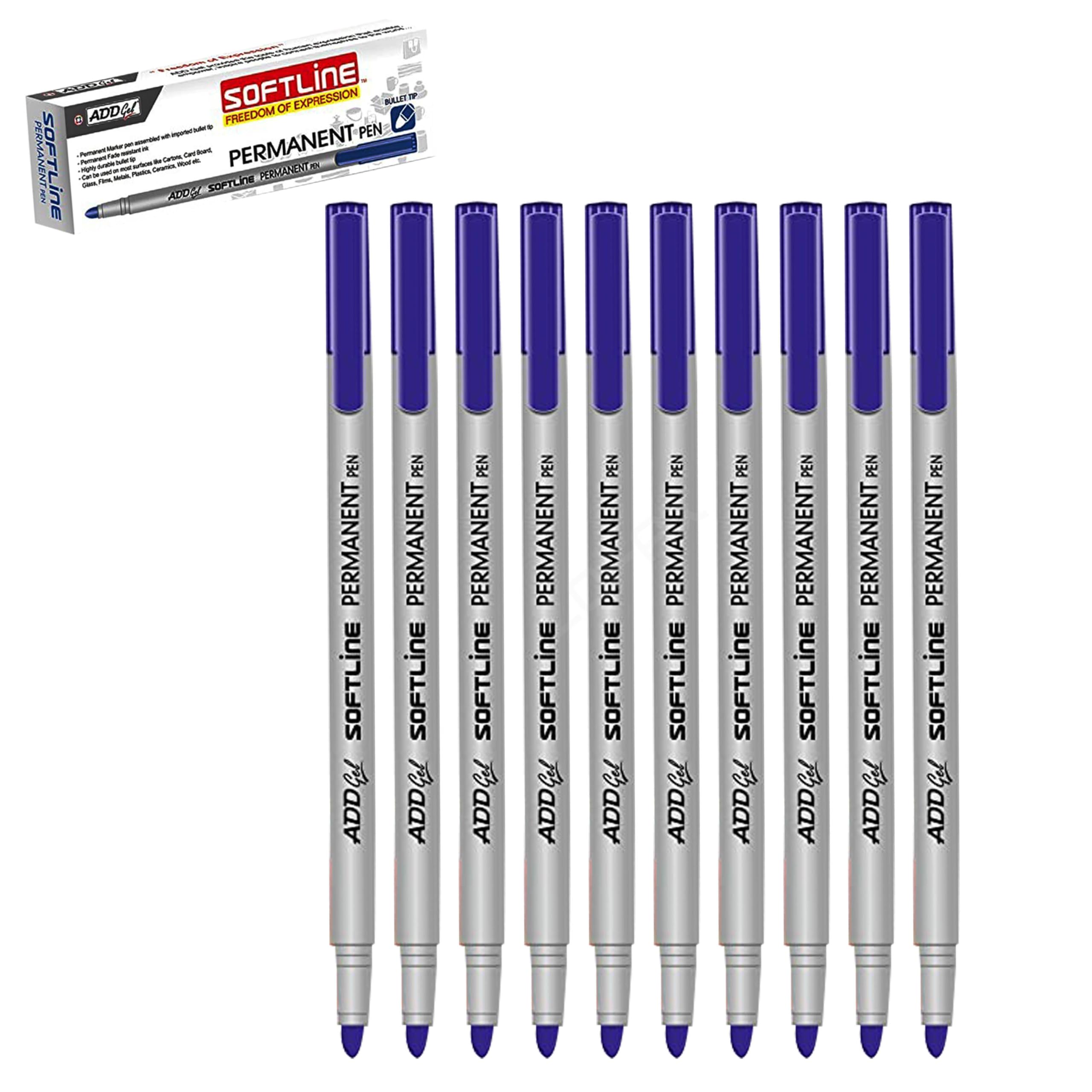 SoftLine Permanent Marker Pens, BLUE, Medium Point (1.0 mm), Pack of 10, Waterproof, Quick Drying, Writes on Most Surfaces