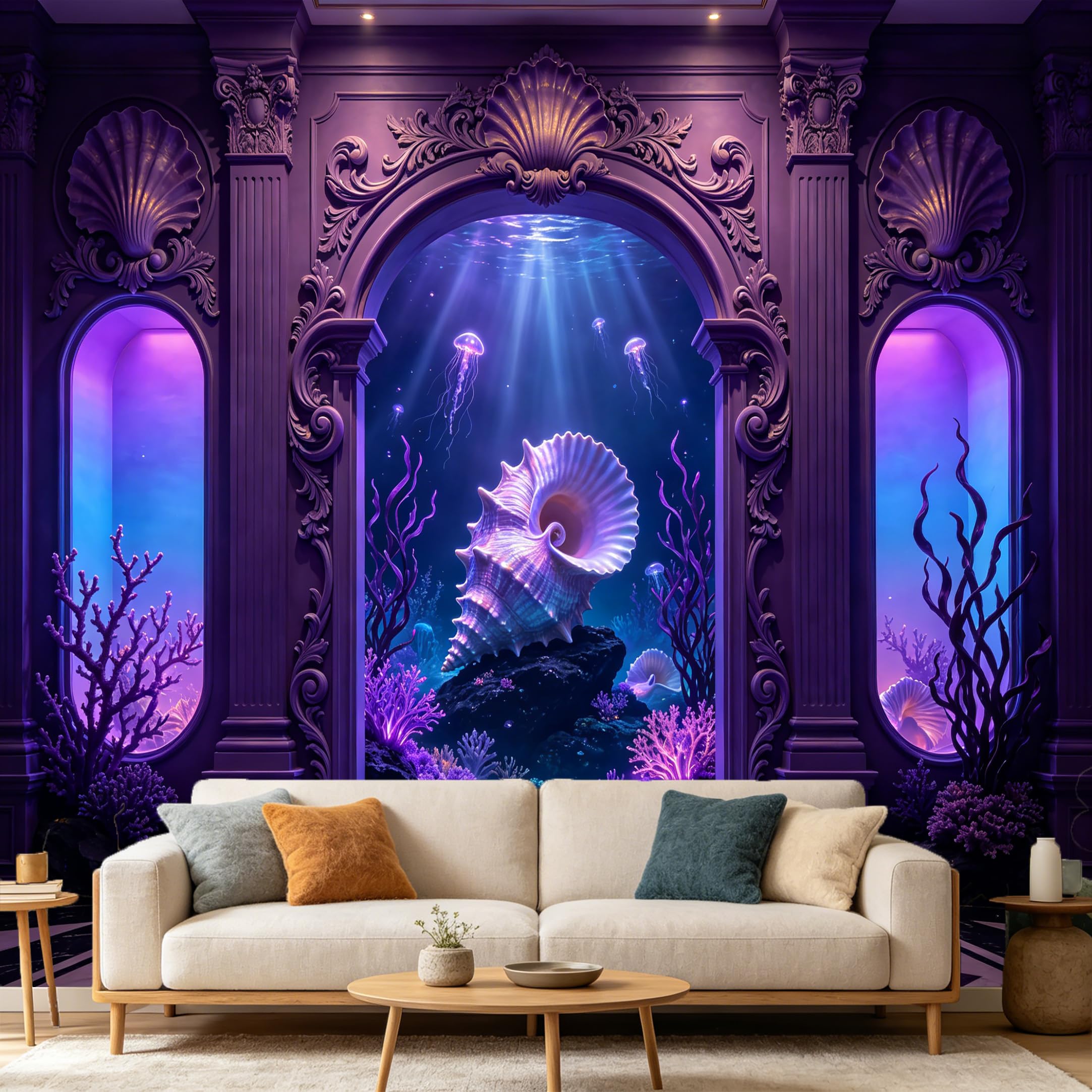 Custom Size Wall Mural， 3D Underwater Ocean Shell Jellyfish Archway， SelfAdhesive Art Prints wall Fabric Removable Large Wallpaper Home Living Room Decor Aesthetic Purple Scenery