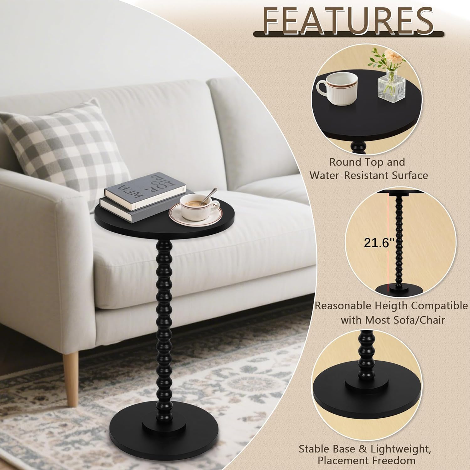 Round Side Table, Small End Table for Small Space, Modern Accent Table with Solid Wood Leg, Easy Assembly for Living Room, Bedroom, Corners, and Office (Black)