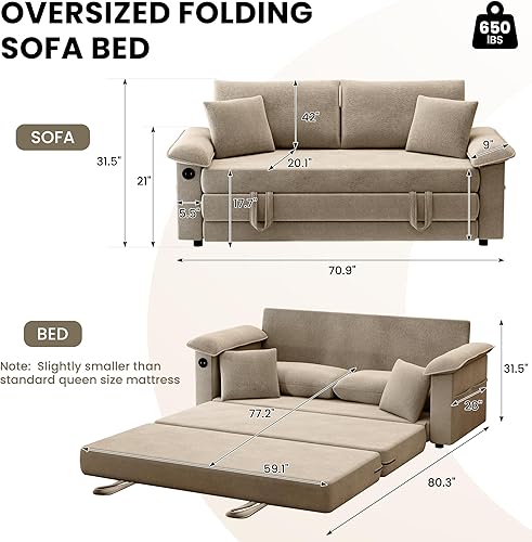 Miniatura 3 de SUNWAVE Sofá cama biplaza de gran tamaño, sofá cama convertible de 77 pulgadas, sofá cama extraíble de 2 asientos con felpilla USB, sofá cama