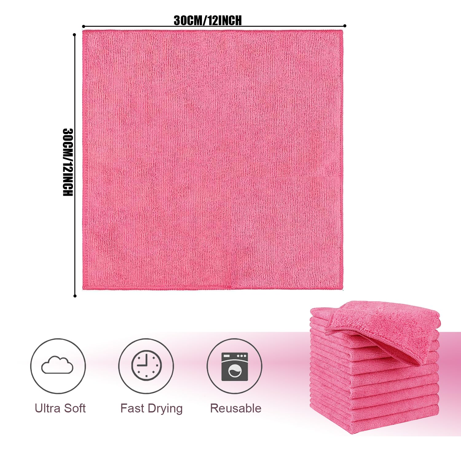 HIDMD Microfibre Cleaning Cloth, Microfiber Reusable Dish Cloths Kitchen Towels, Pack of 10 Pink 30cm x 30cm - Image 2