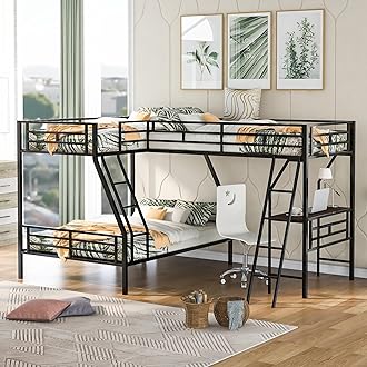 SOFTSEA L-Shaped Triple Bunk Bed Adults with Desk, Twin Over Full Metal Bunk Bed with Desk, Heavy-Duty Metal Bunk Beds with Guardrails and 2 Ladders for 3 People, Noise-Free, Black