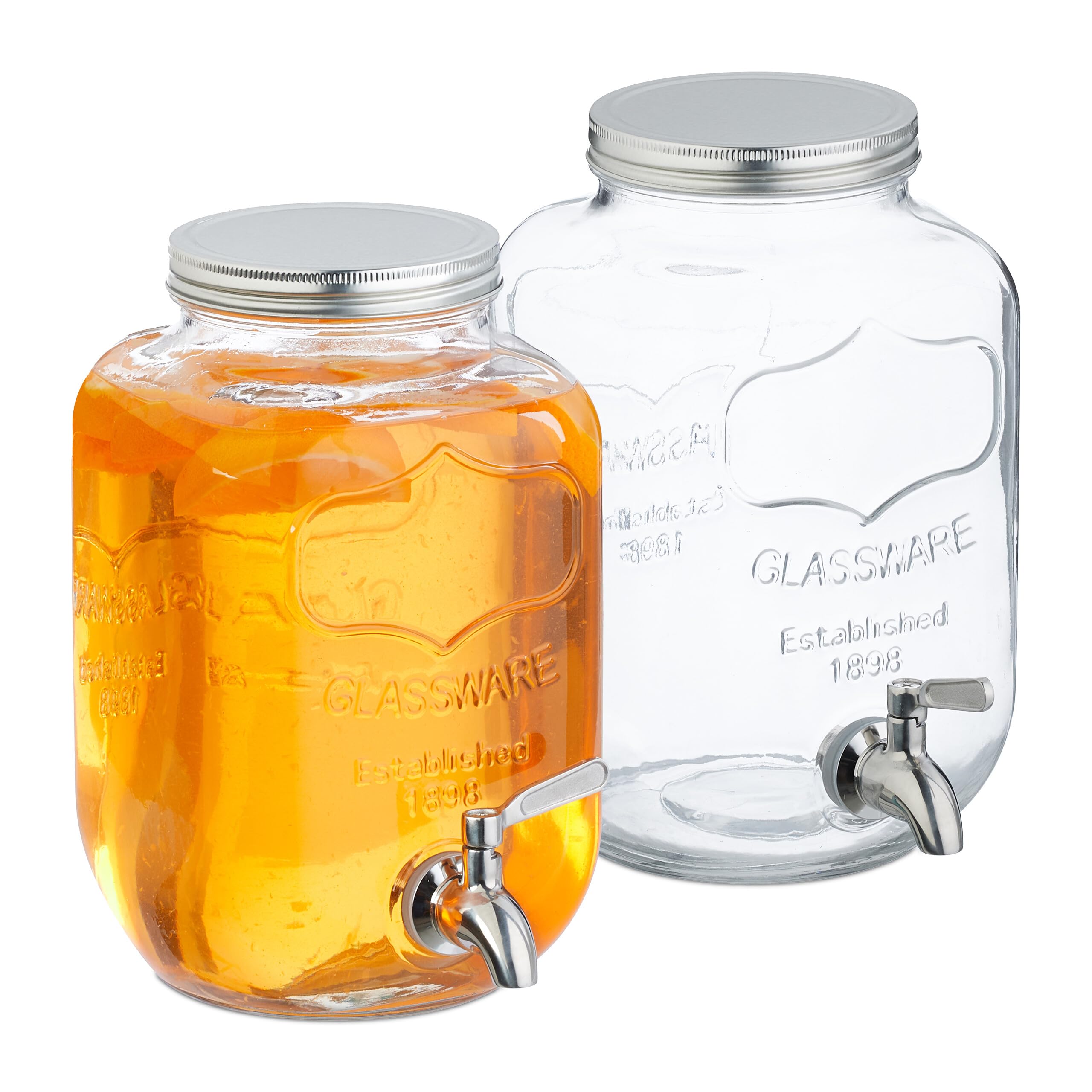 Relaxdays Getränkespender im 2er Set, Limobehälter 4L, Zapfhahn und Deckel, Wasserspender, Glas & Edelstahl, transparent