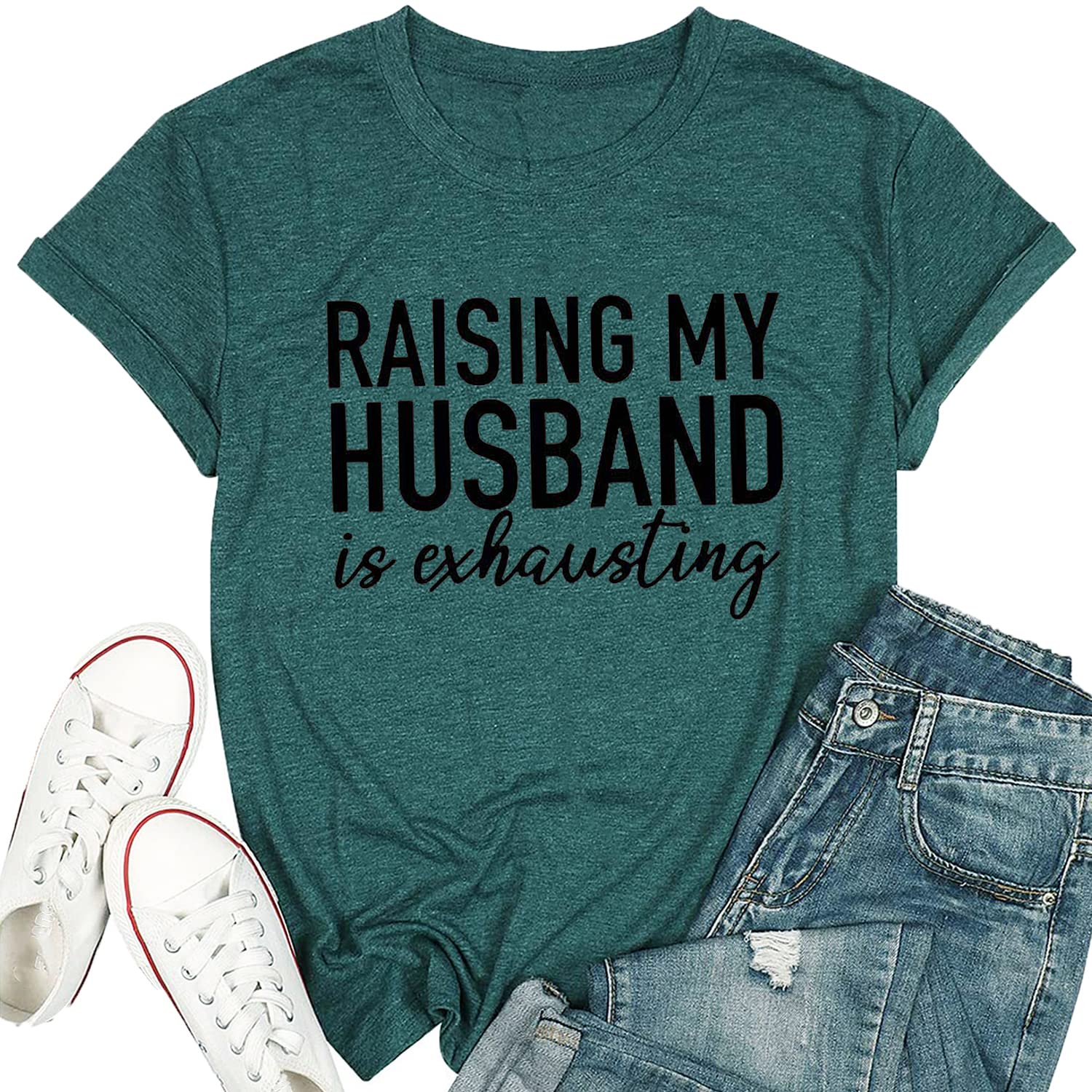 BealattWomen Raising My Husband is Exhausting T Shirts Wife Funny Saying Novelty Athletic Shirt Letter Graphic Tee Tops