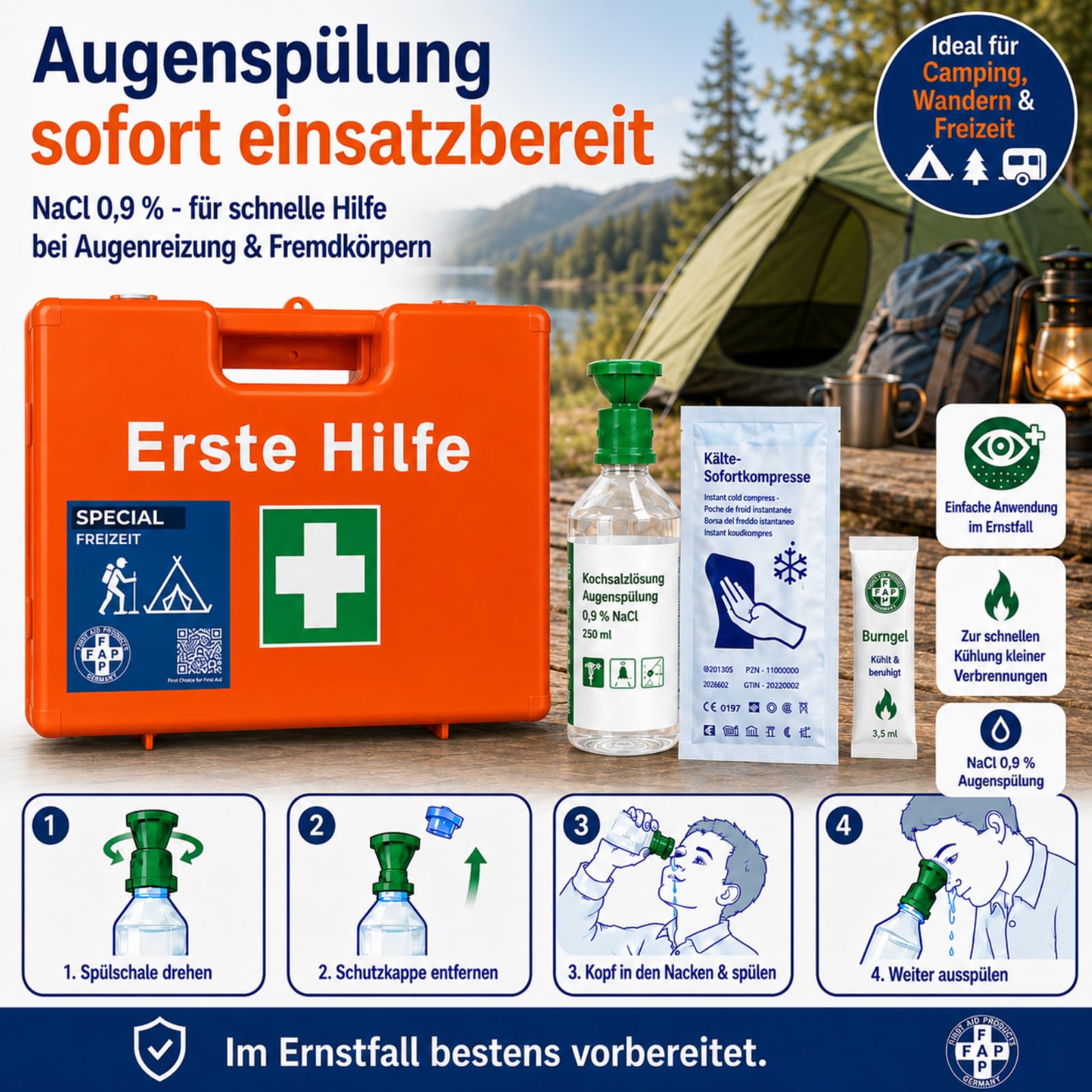 FAP Erste-Hilfe-Koffer Freizeit DIN 13157 gefüllt - orange | Burngel & Kühlspray| Wandern Jugendherberge Pfadfinder Ferienlager Verein Outdoor Camp, Betriebsverbandkasten Wandhalterung -33×42×15 cm